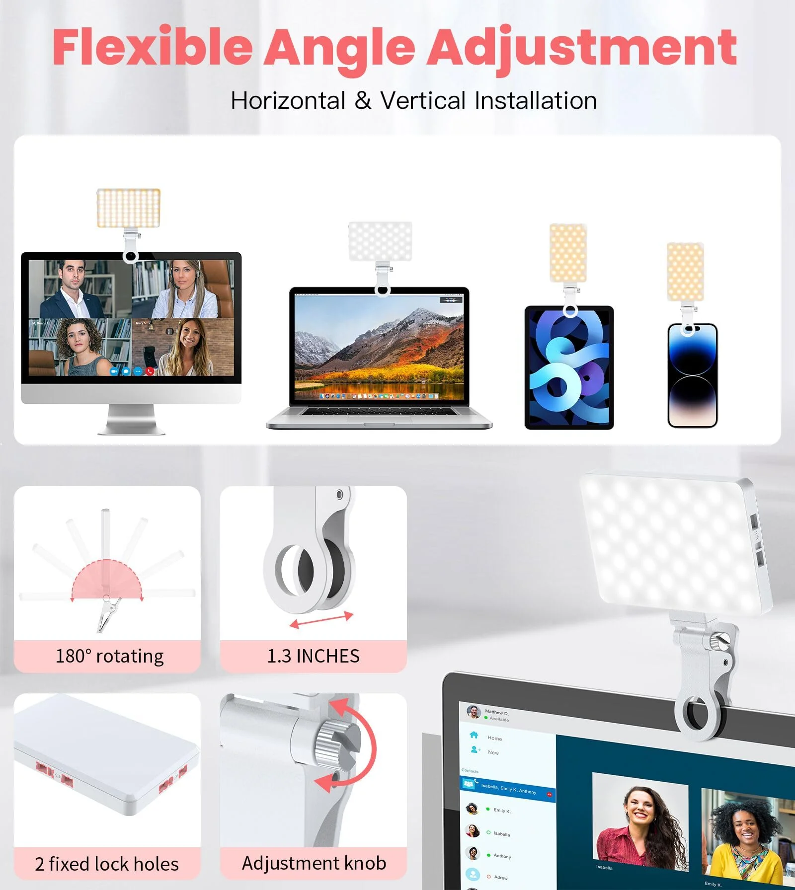 TONEOF 80 LED Portable Selfie Light,Rechargeable Phone Light with Clip,3 Light Modes 2000mAh Video Fill Light,Lighting for Video Recording, Makeup,Live Streaming,Vlog,Tablet/Laptop/Webcam White - Image 3