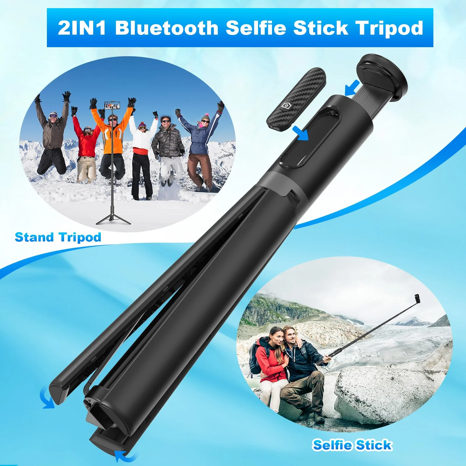 TONEOF Tripod, Cell Phone Selfie Stick, 60 Inch All-in-1 Stand with Integrated Wireless Remote, Lightweight and Portable, Extendable Tripod for 4-7 Inch iPhone and Android（Black Grey） Black Grey - Image 2