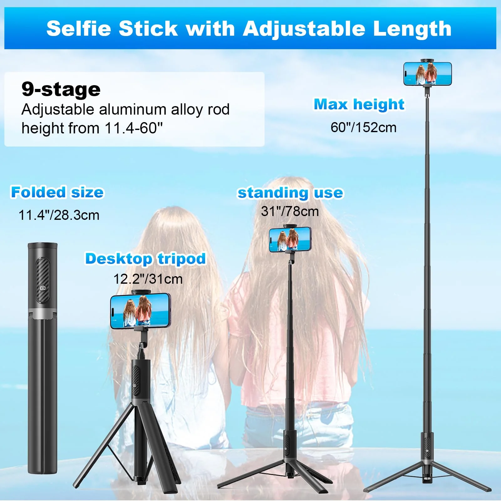 TONEOF Tripod, Cell Phone Selfie Stick, 60 Inch All-in-1 Stand with Integrated Wireless Remote, Lightweight and Portable, Extendable Tripod for 4-7 Inch iPhone and Android（Black Grey） Black Grey - Image 3