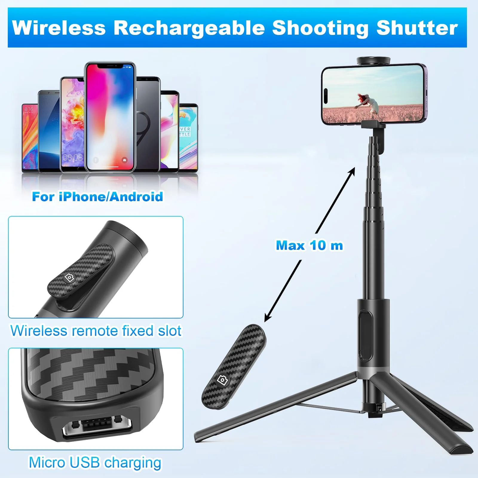 TONEOF Tripod, Cell Phone Selfie Stick, 60 Inch All-in-1 Stand with Integrated Wireless Remote, Lightweight and Portable, Extendable Tripod for 4-7 Inch iPhone and Android（Black Grey） Black Grey - Image 5