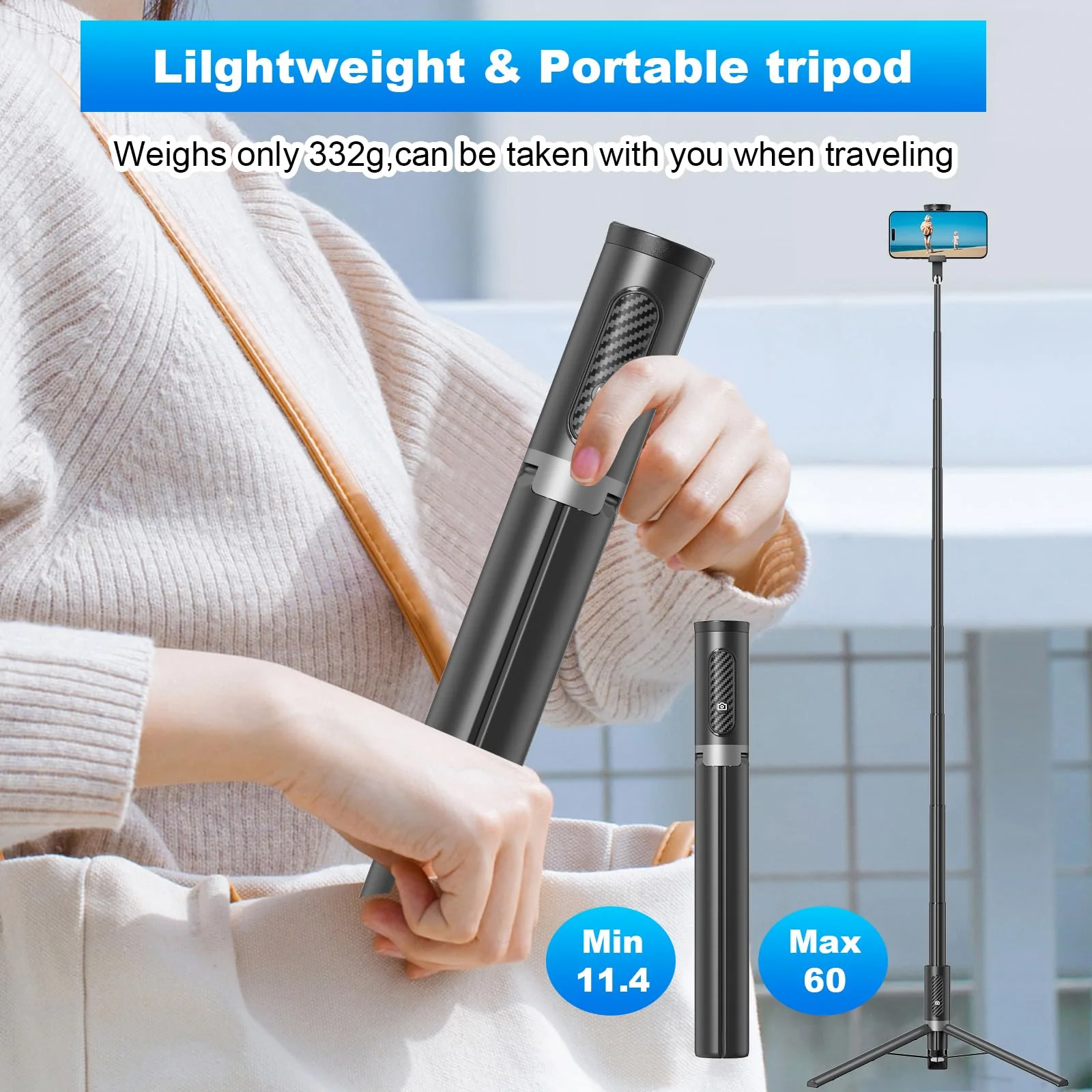 TONEOF Tripod, Cell Phone Selfie Stick, 60 Inch All-in-1 Stand with Integrated Wireless Remote, Lightweight and Portable, Extendable Tripod for 4-7 Inch iPhone and Android（Black Grey） Black Grey - Image 6
