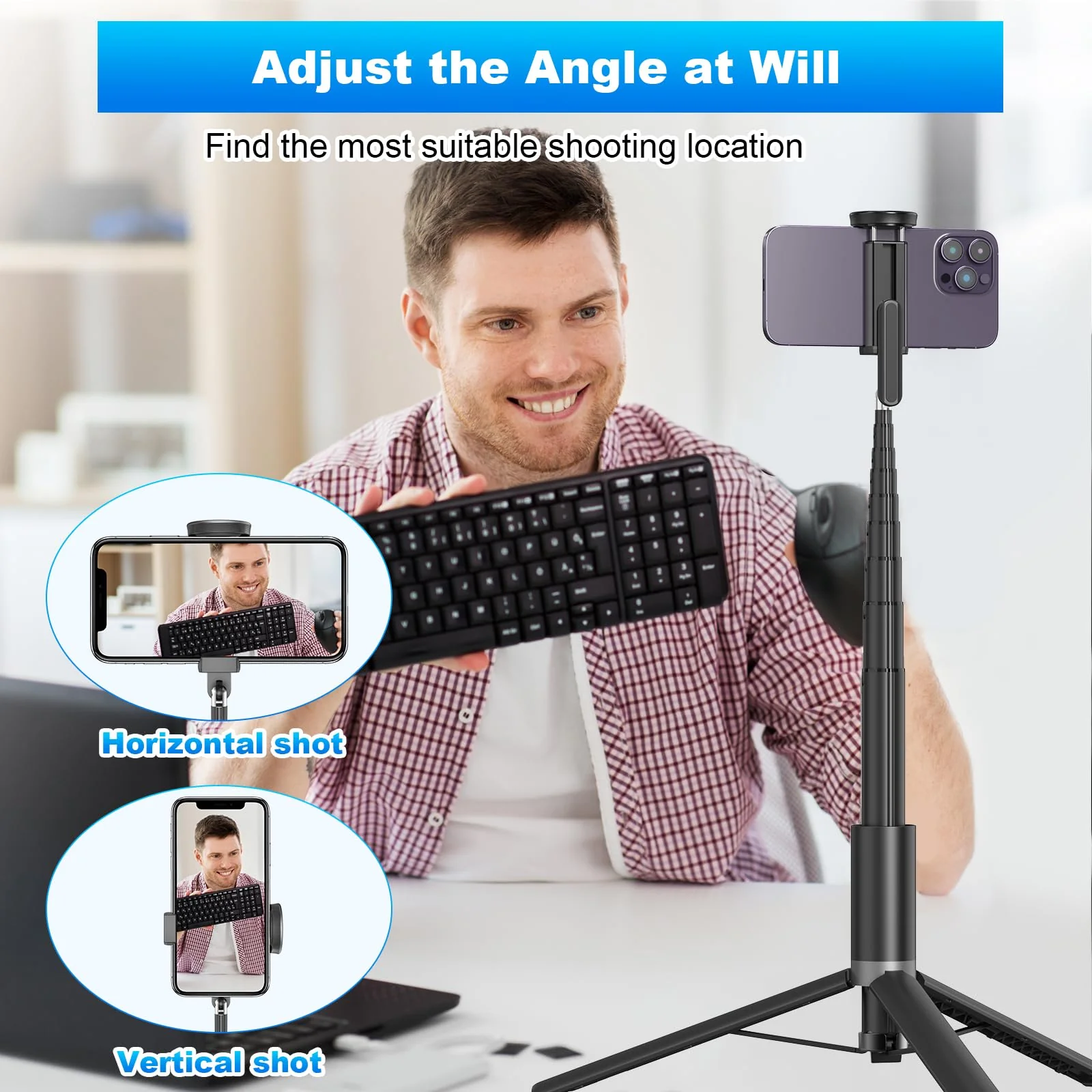 TONEOF Tripod, Cell Phone Selfie Stick, 60 Inch All-in-1 Stand with Integrated Wireless Remote, Lightweight and Portable, Extendable Tripod for 4-7 Inch iPhone and Android（Black Grey） Black Grey - Image 7