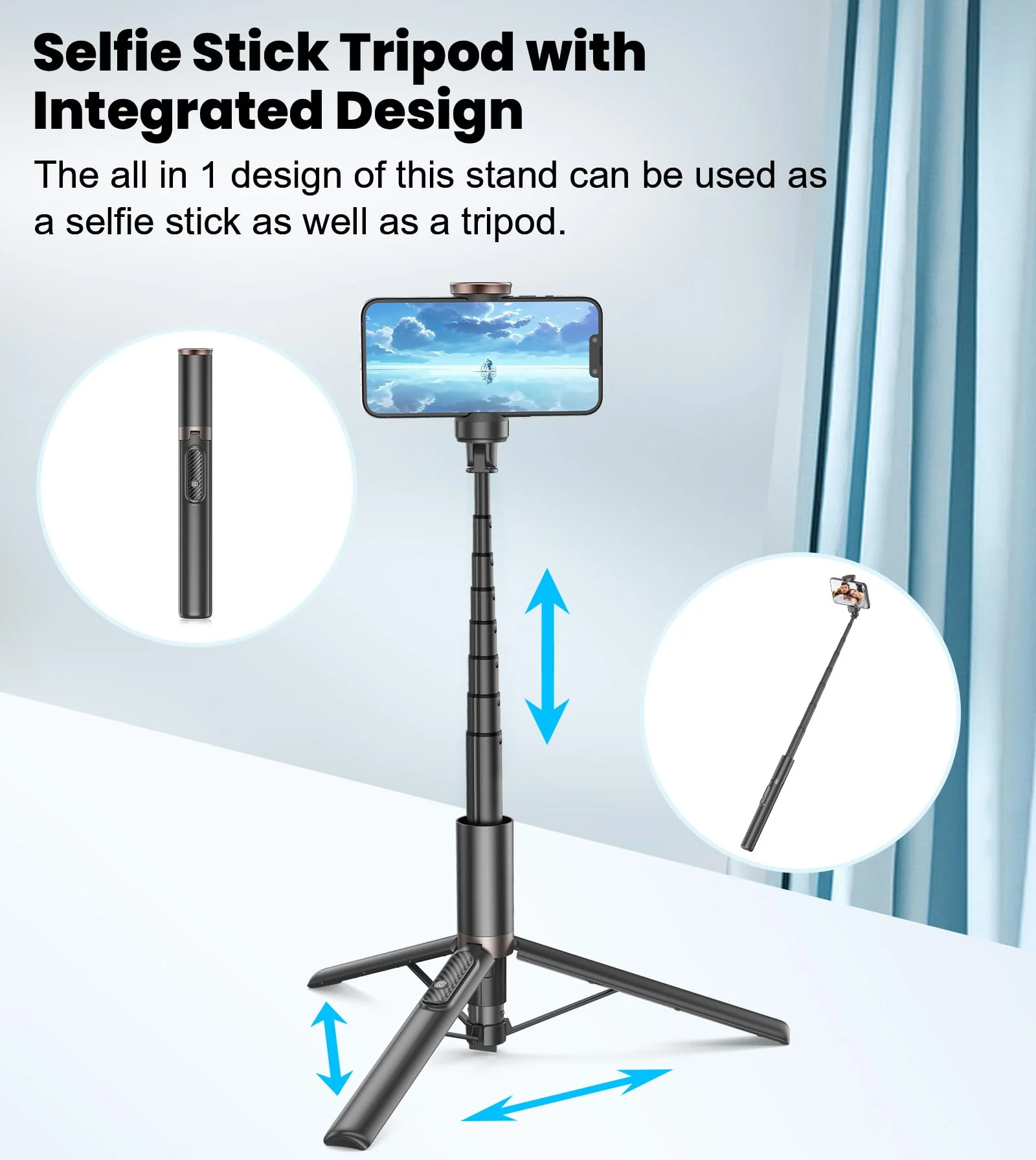 TONEOF Upgraded 60" Selfie Stick Tripod,All-in-1 Extendable Cell Phone Tripod Stand with Integrated Remote,360° Rotate Lightweight & Portable Tripod for 4-7 Inch iPhone Android/Video Recording/Travel - Image 5