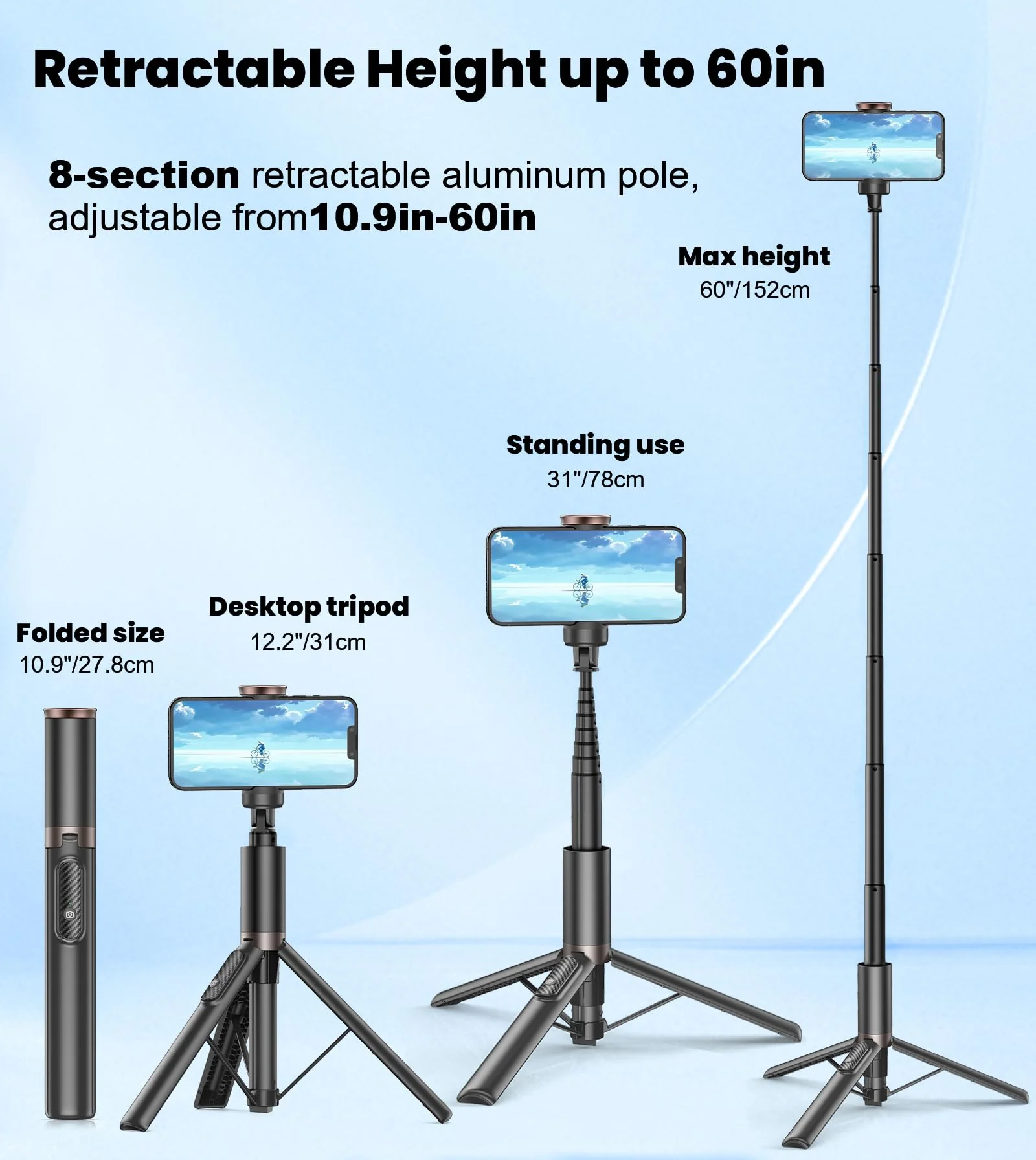 TONEOF Upgraded 60" Selfie Stick Tripod,All-in-1 Extendable Cell Phone Tripod Stand with Integrated Remote,360° Rotate Lightweight & Portable Tripod for 4-7 Inch iPhone Android/Video Recording/Travel - Image 6
