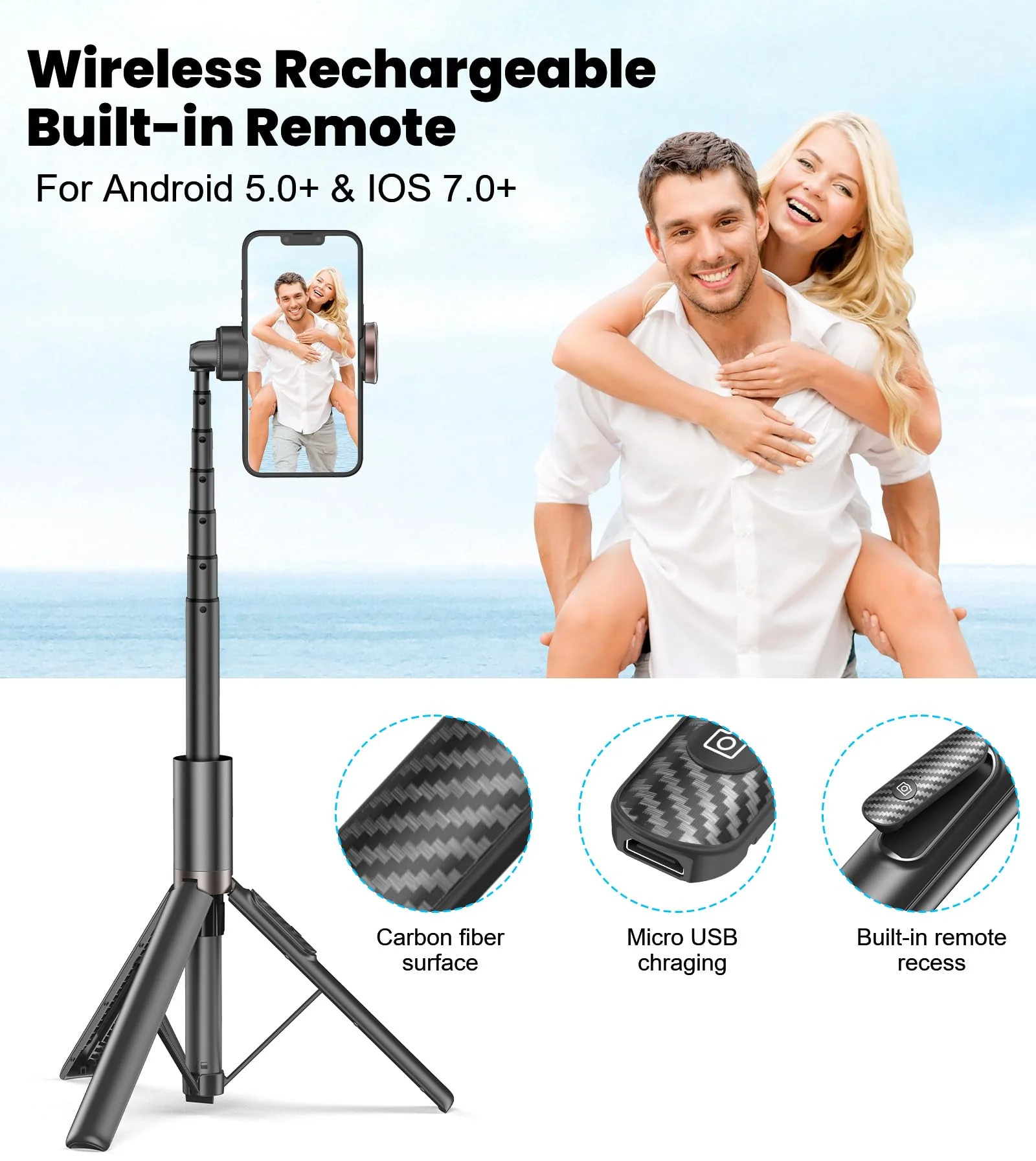 TONEOF Upgraded 60" Selfie Stick Tripod,All-in-1 Extendable Cell Phone Tripod Stand with Integrated Remote,360° Rotate Lightweight & Portable Tripod for 4-7 Inch iPhone Android/Video Recording/Travel - Image 7