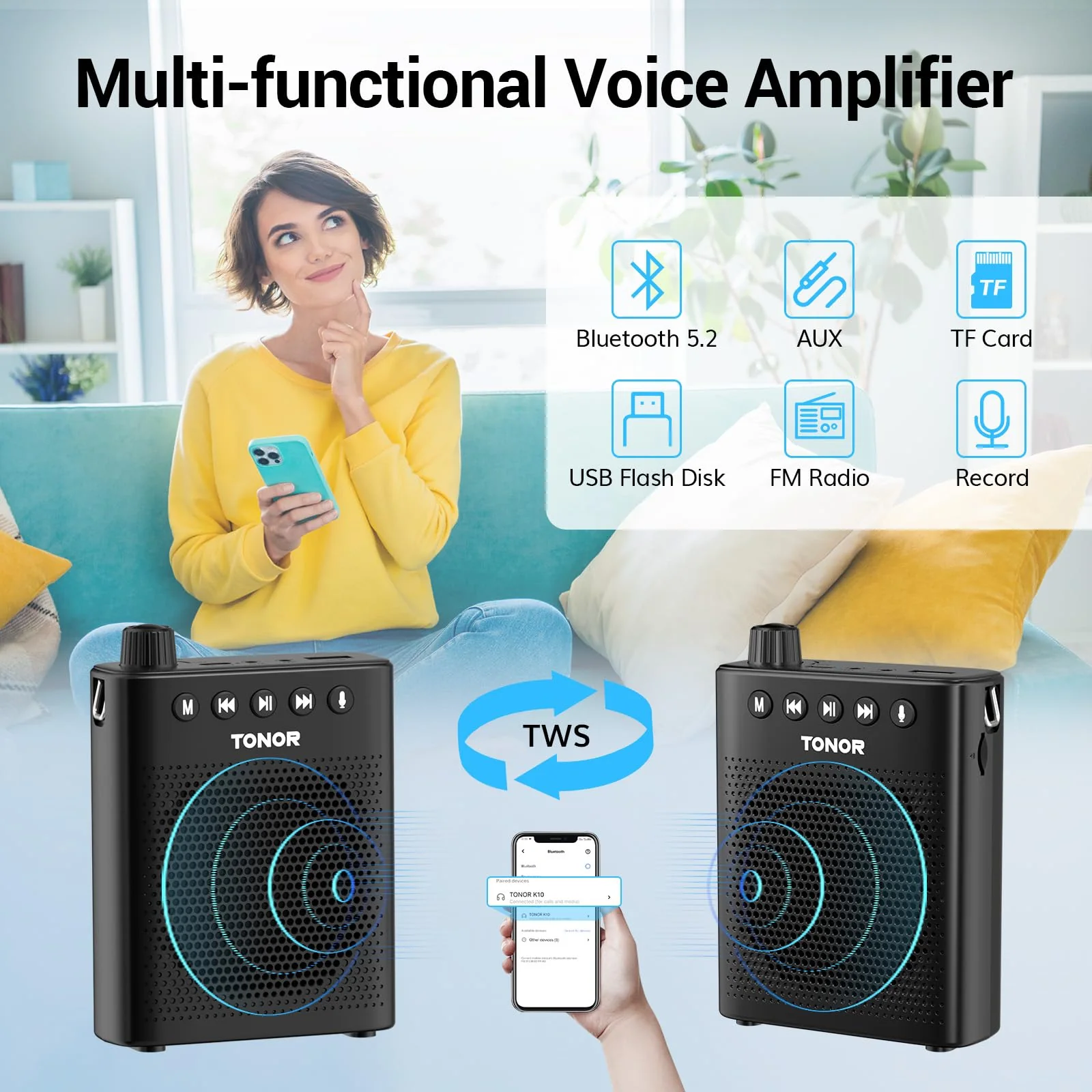 TONOR Portable Voice Amplifier for Teachers, Rechargeable Mini Pa System with 100 cm/3ft Wired Headset Microphone and Waistband, Megaphone Speaker for Classroom, Training, Yoga, Tour Guides K10 - Image 6