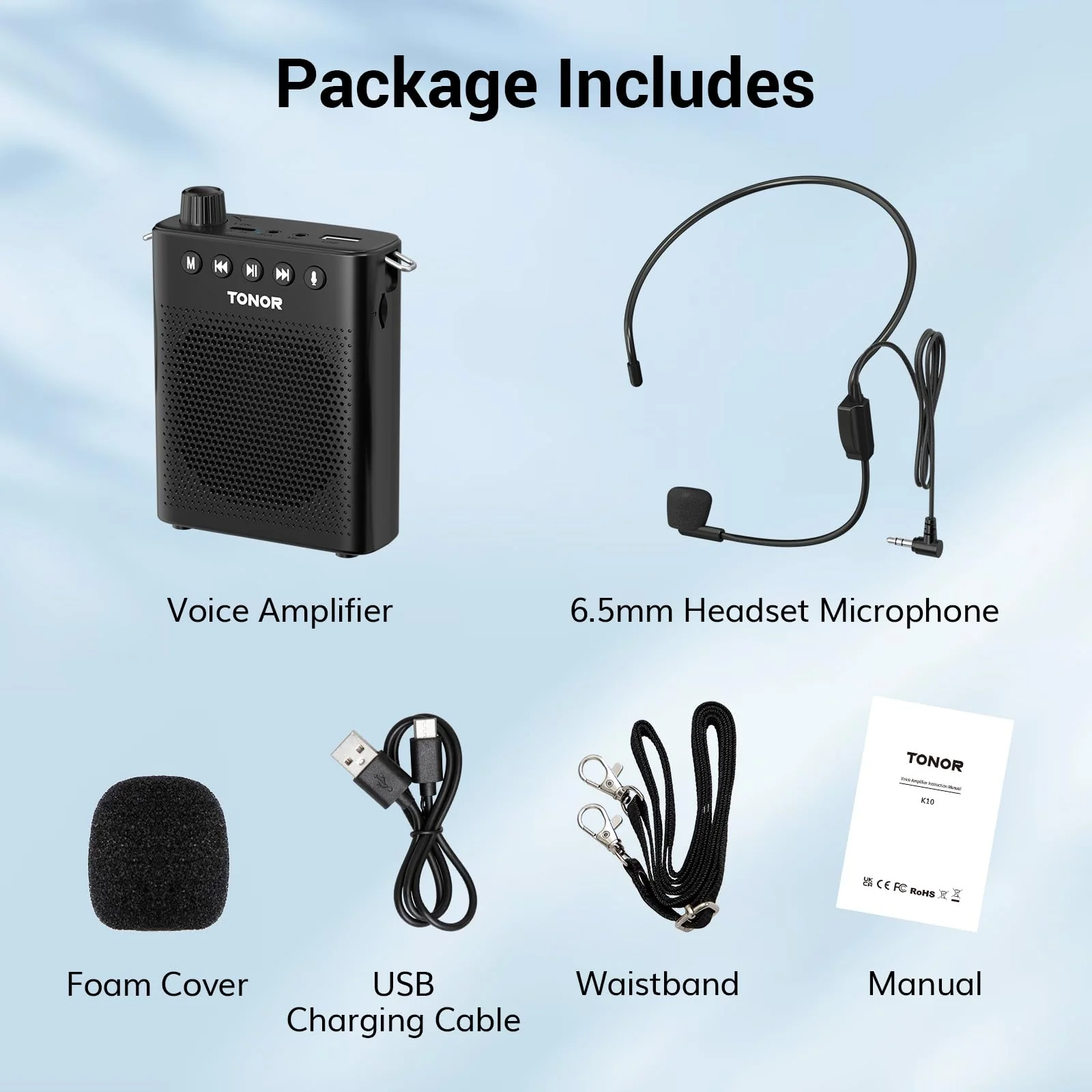 TONOR Portable Voice Amplifier for Teachers, Rechargeable Mini Pa System with 100 cm/3ft Wired Headset Microphone and Waistband, Megaphone Speaker for Classroom, Training, Yoga, Tour Guides K10 - Image 8