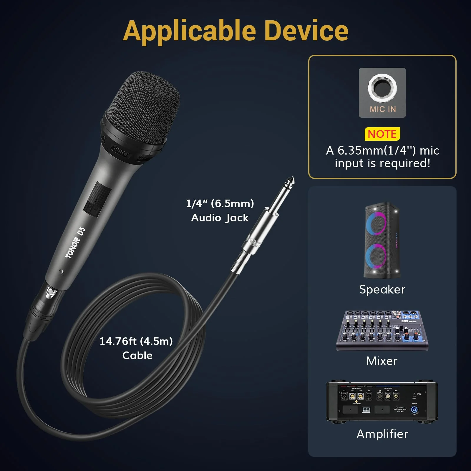 TONOR Professional Vocal Microphone for Singing, Dynamic Handheld Wired Karaoke Mic, Cardioid Studio Microfono with 4.5M XLR to 1/4" Cable, for Speakers/Mixer Machine/Amp/Speech/Karaoke and Outdoors - Image 5