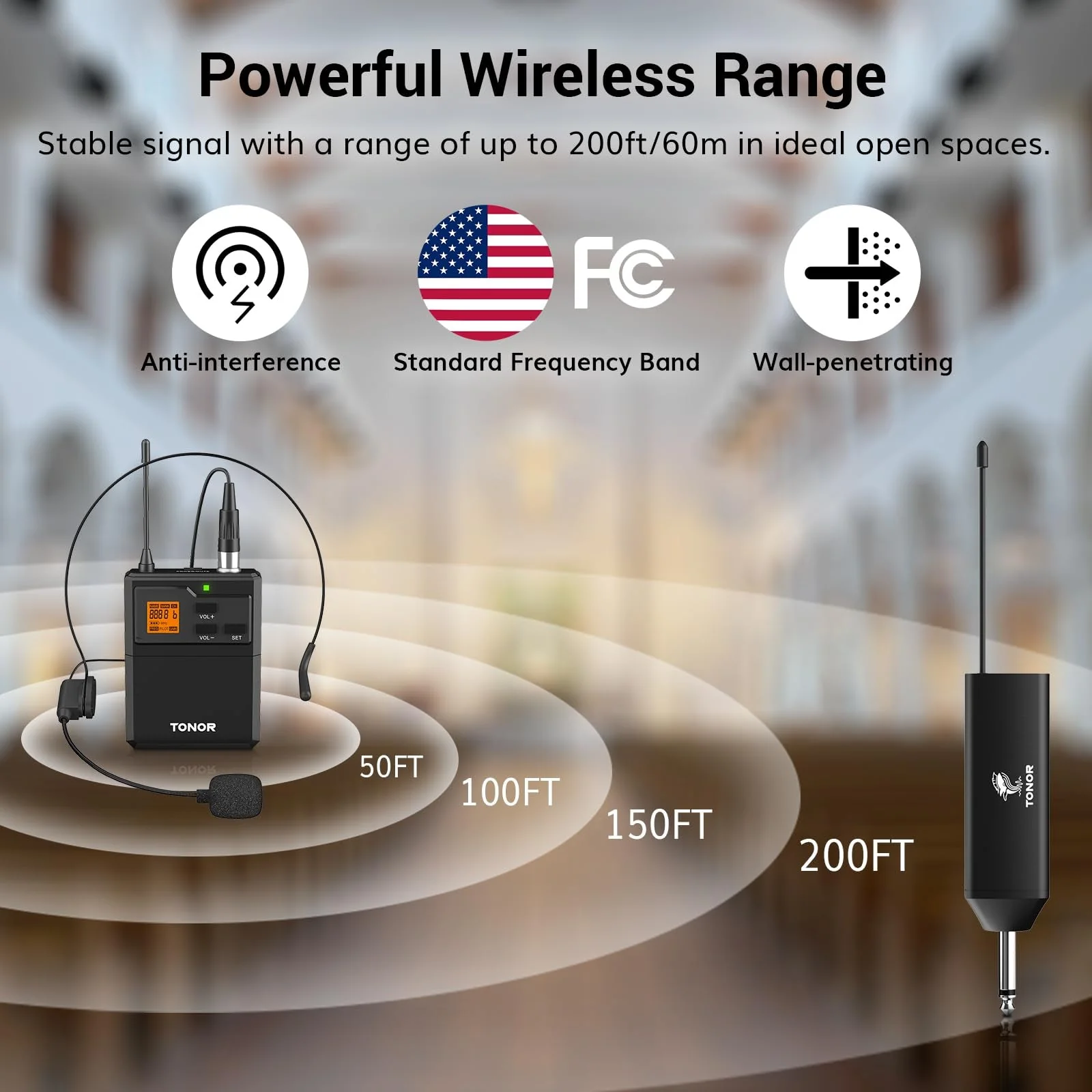 TONOR UHF Wireless Microphone System with Headset Mic/Lavalier Lapel Mic, Bodypack Transmitter, Rechargeable Receiver, 15 Channels 200ft Range 1/4" Output for Recording Live Performance PA Speaker 1 Pack - Image 2