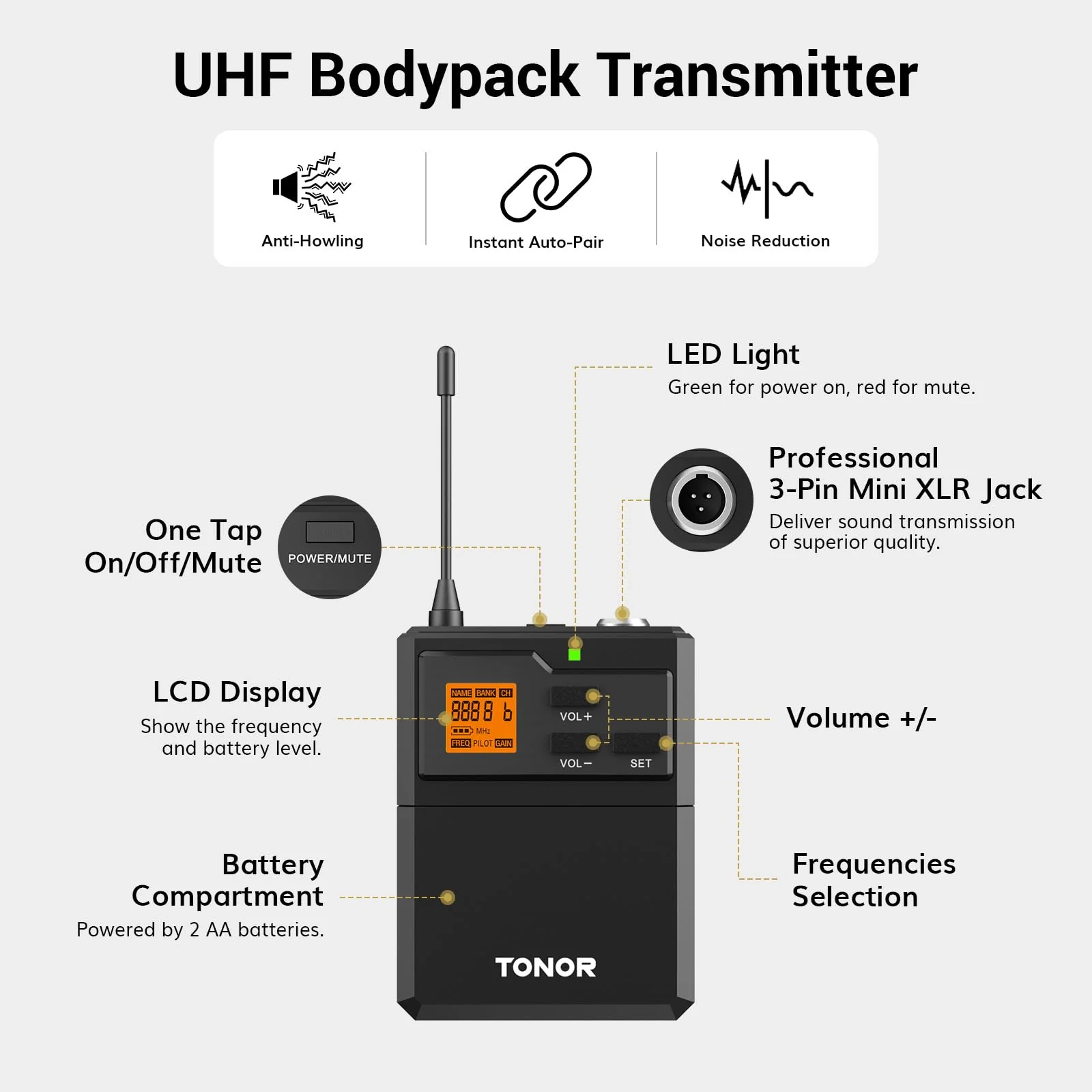 TONOR UHF Wireless Microphone System with Headset Mic/Lavalier Lapel Mic, Bodypack Transmitter, Rechargeable Receiver, 15 Channels 200ft Range 1/4" Output for Recording Live Performance PA Speaker 1 Pack - Image 3