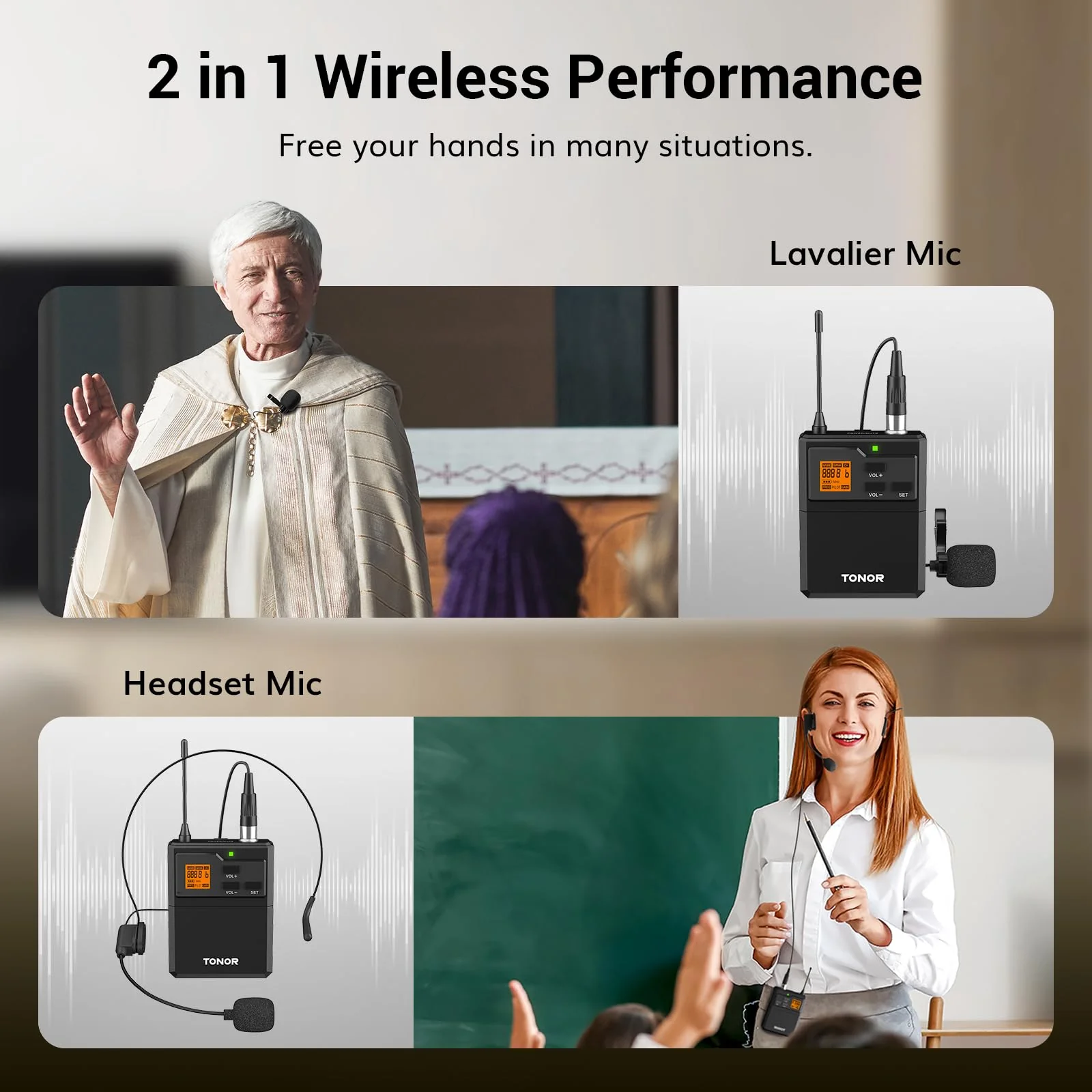 TONOR UHF Wireless Microphone System with Headset Mic/Lavalier Lapel Mic, Bodypack Transmitter, Rechargeable Receiver, 15 Channels 200ft Range 1/4" Output for Recording Live Performance PA Speaker 1 Pack - Image 4