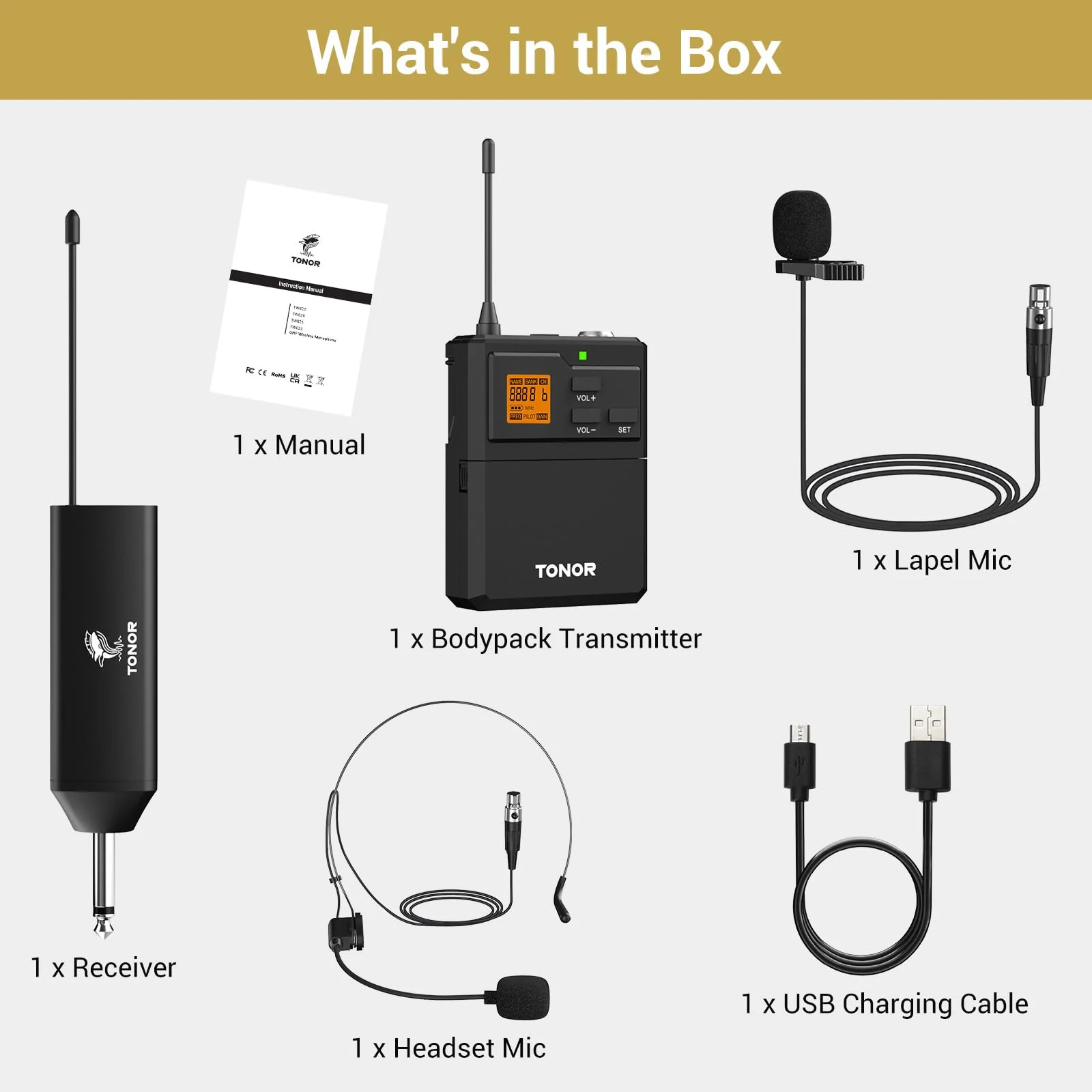 TONOR UHF Wireless Microphone System with Headset Mic/Lavalier Lapel Mic, Bodypack Transmitter, Rechargeable Receiver, 15 Channels 200ft Range 1/4" Output for Recording Live Performance PA Speaker 1 Pack - Image 9
