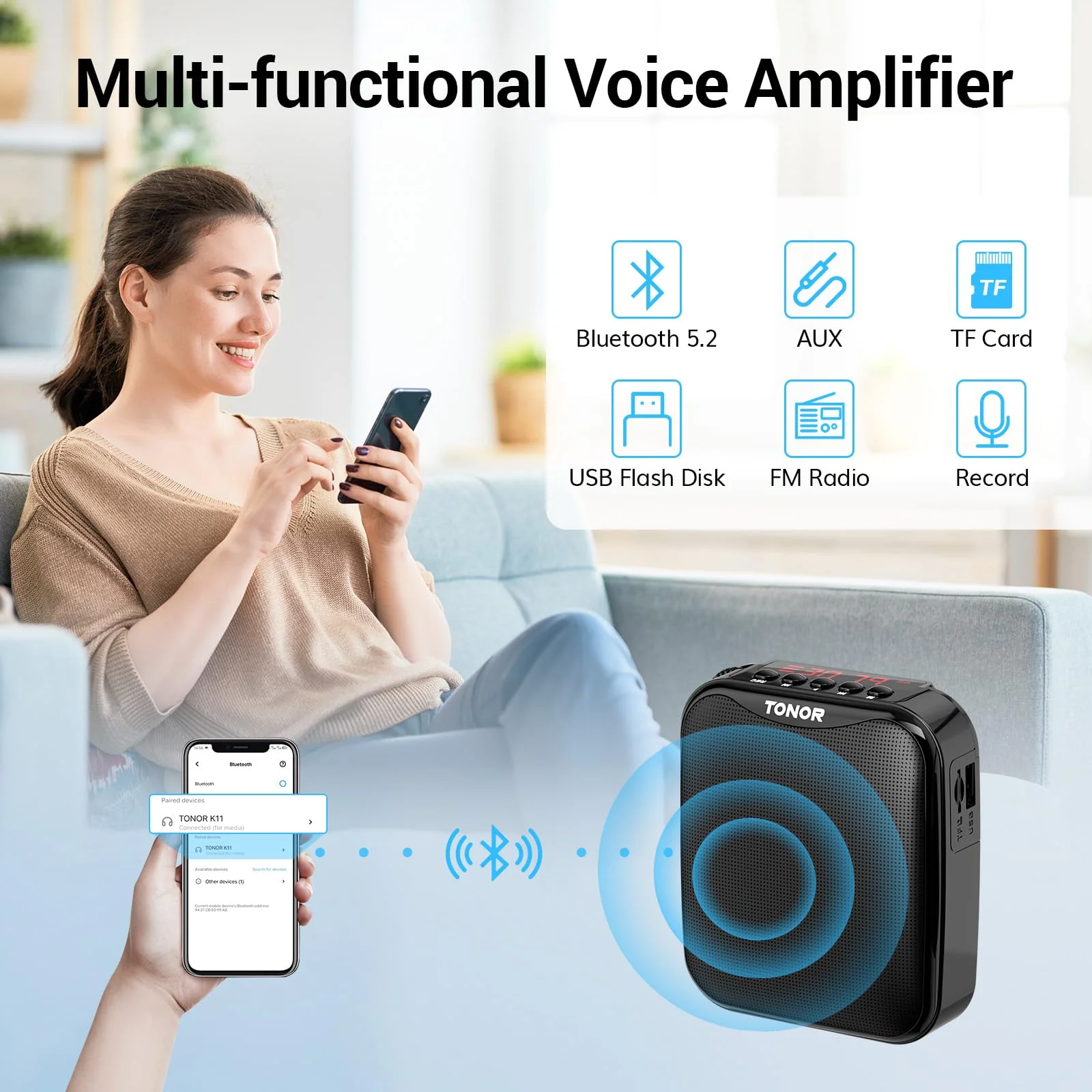 TONOR Voice Amplifier for Teachers, 15W Bluetooth Voice Amplifier with Wireless Headset Mic, Portable Megaphone Speaker Rechargeable PA System 82ft for Teaching, Speaking, Fitness Instructors K11 - Image 6