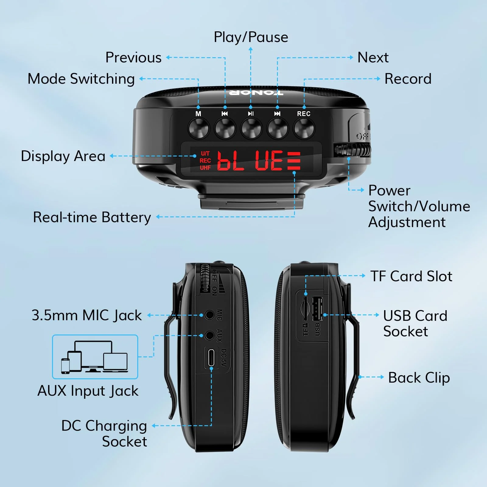 TONOR Voice Amplifier for Teachers, 15W Bluetooth Voice Amplifier with Wireless Headset Mic, Portable Megaphone Speaker Rechargeable PA System 82ft for Teaching, Speaking, Fitness Instructors K11 - Image 7