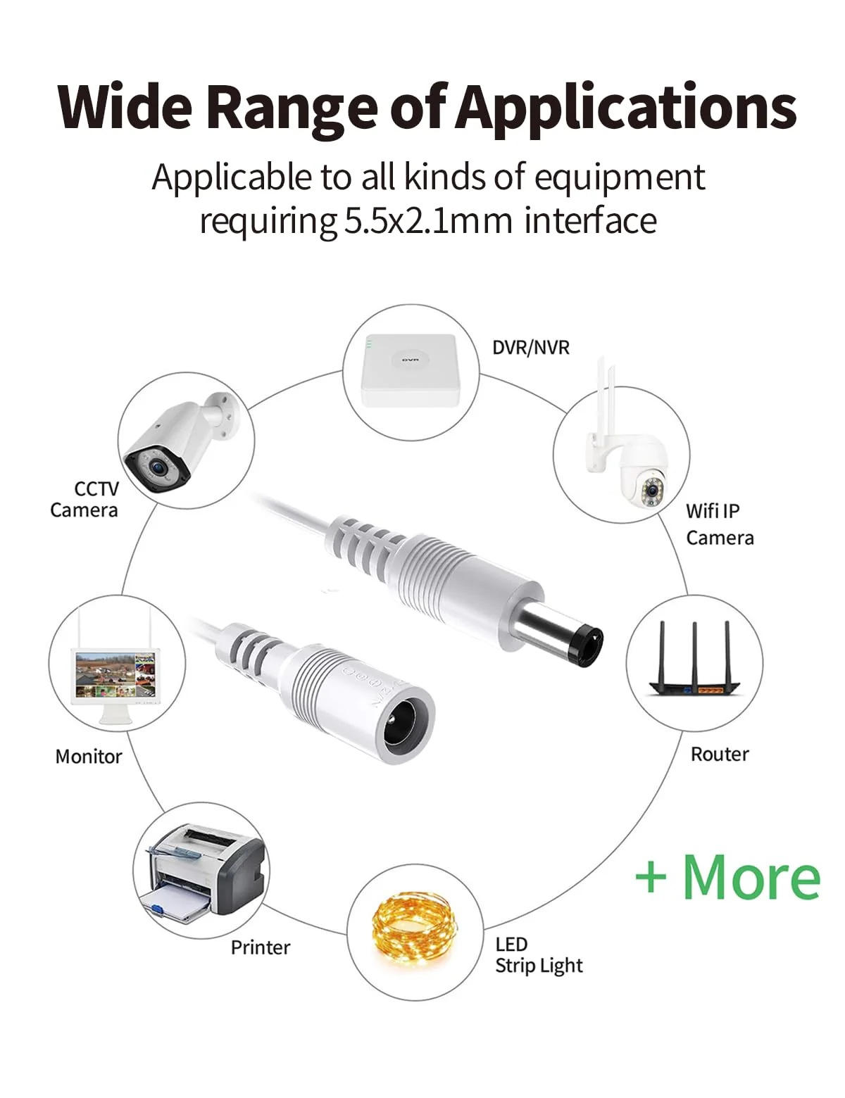 Tonton 6.6FT 2M DC Power Extension Cable 5.5 mm x 2.1 mm 5521 Male to Female 12V DC Adapter Cord Compatible with CCTV Security IP Camera, Survelliance DVR NVR System, LED Strip, Monitors (White) 6.6FT/2M White - Image 3