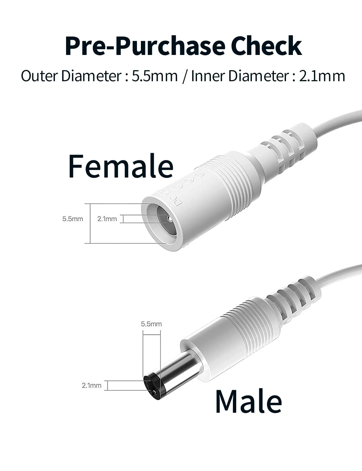 Tonton 6.6FT 2M DC Power Extension Cable 5.5 mm x 2.1 mm 5521 Male to Female 12V DC Adapter Cord Compatible with CCTV Security IP Camera, Survelliance DVR NVR System, LED Strip, Monitors (White) 6.6FT/2M White - Image 6