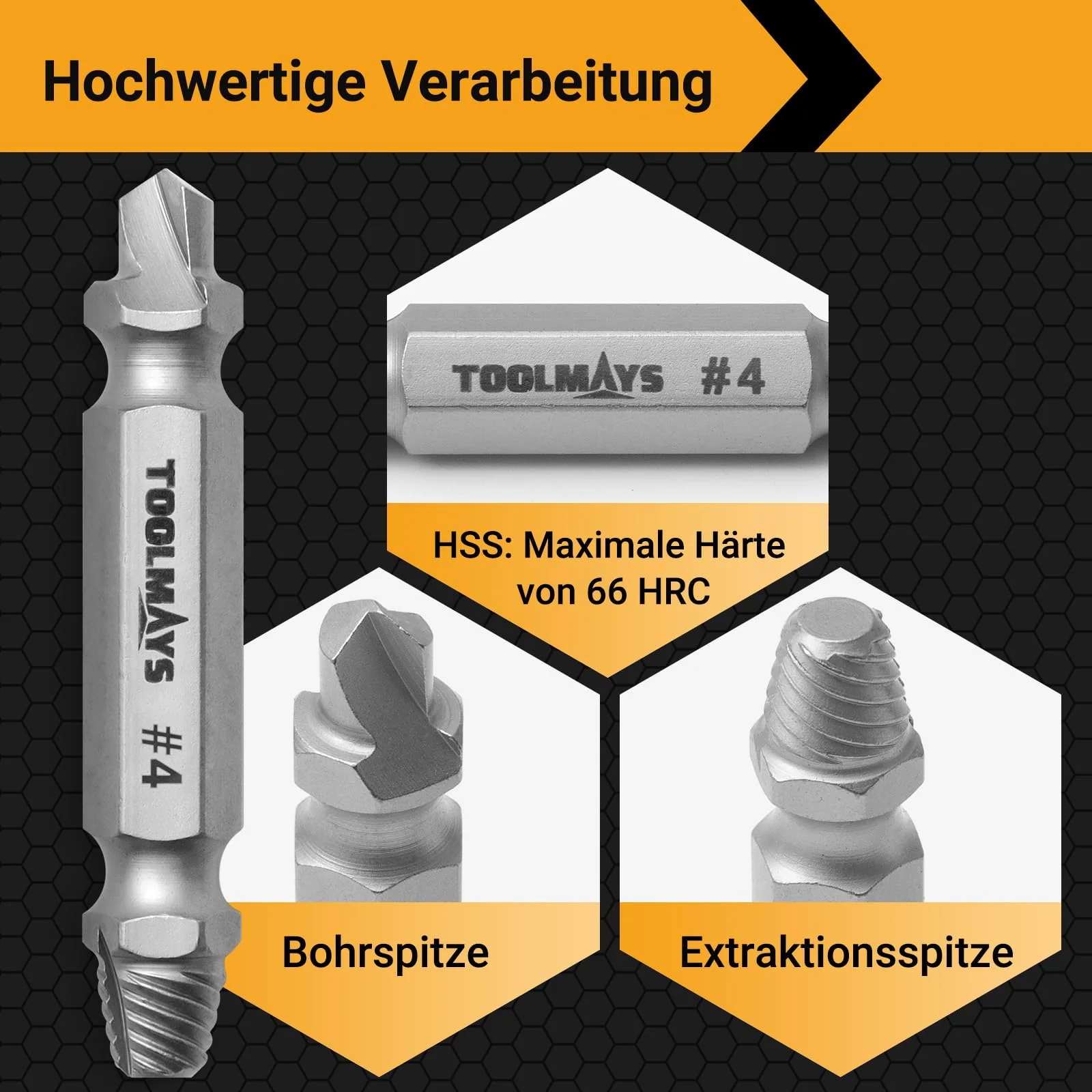 TOOLMAYS Screw Extractor Set, 5 Pieces Left Extractor Set, Max. Hardness up to 66 HRC, Damaged Screw Remover Extractor Set 2-in-1 solution - Image 4
