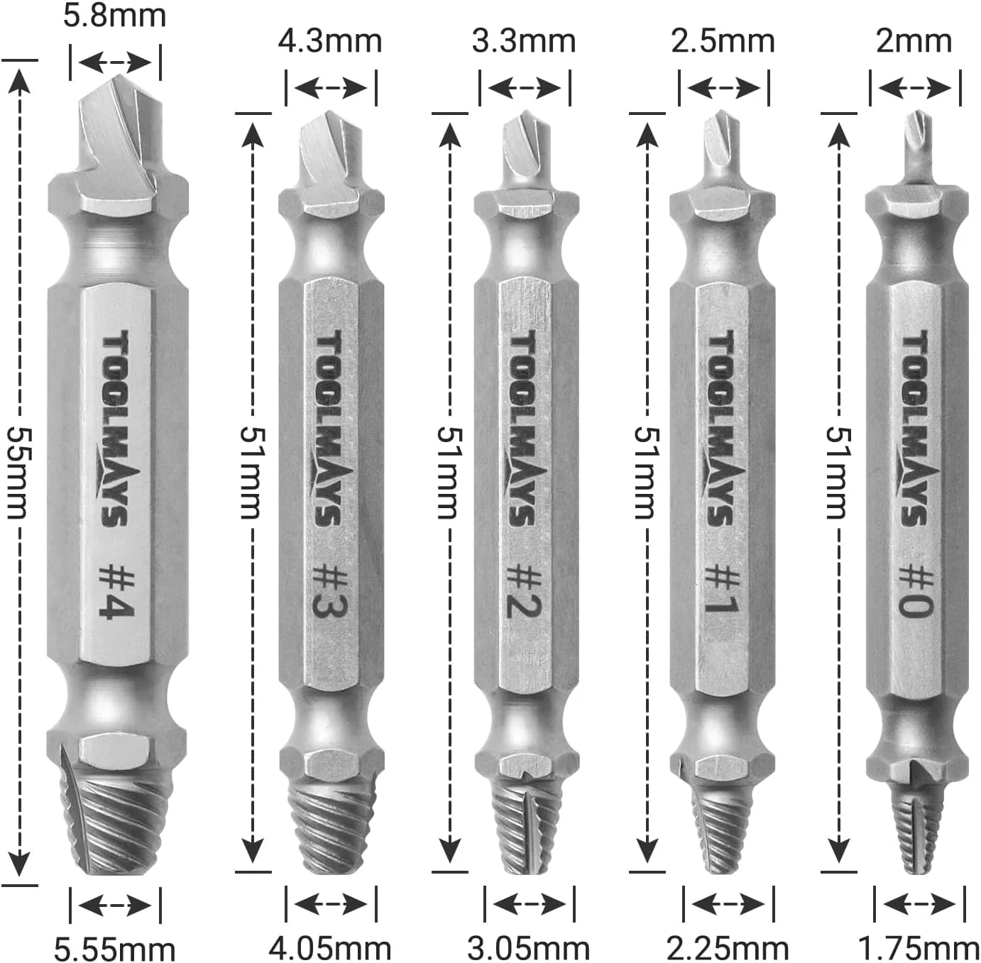 TOOLMAYS Screw Extractor Set, 5 Pieces Left Extractor Set, Max. Hardness up to 66 HRC, Damaged Screw Remover Extractor Set 2-in-1 solution - Image 5