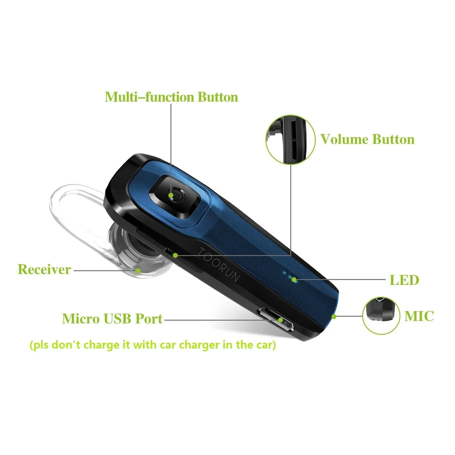 TOORUN M26 Bluetooth Headset V4.1 with Noise Cancelling Mic - Blue - Image 5