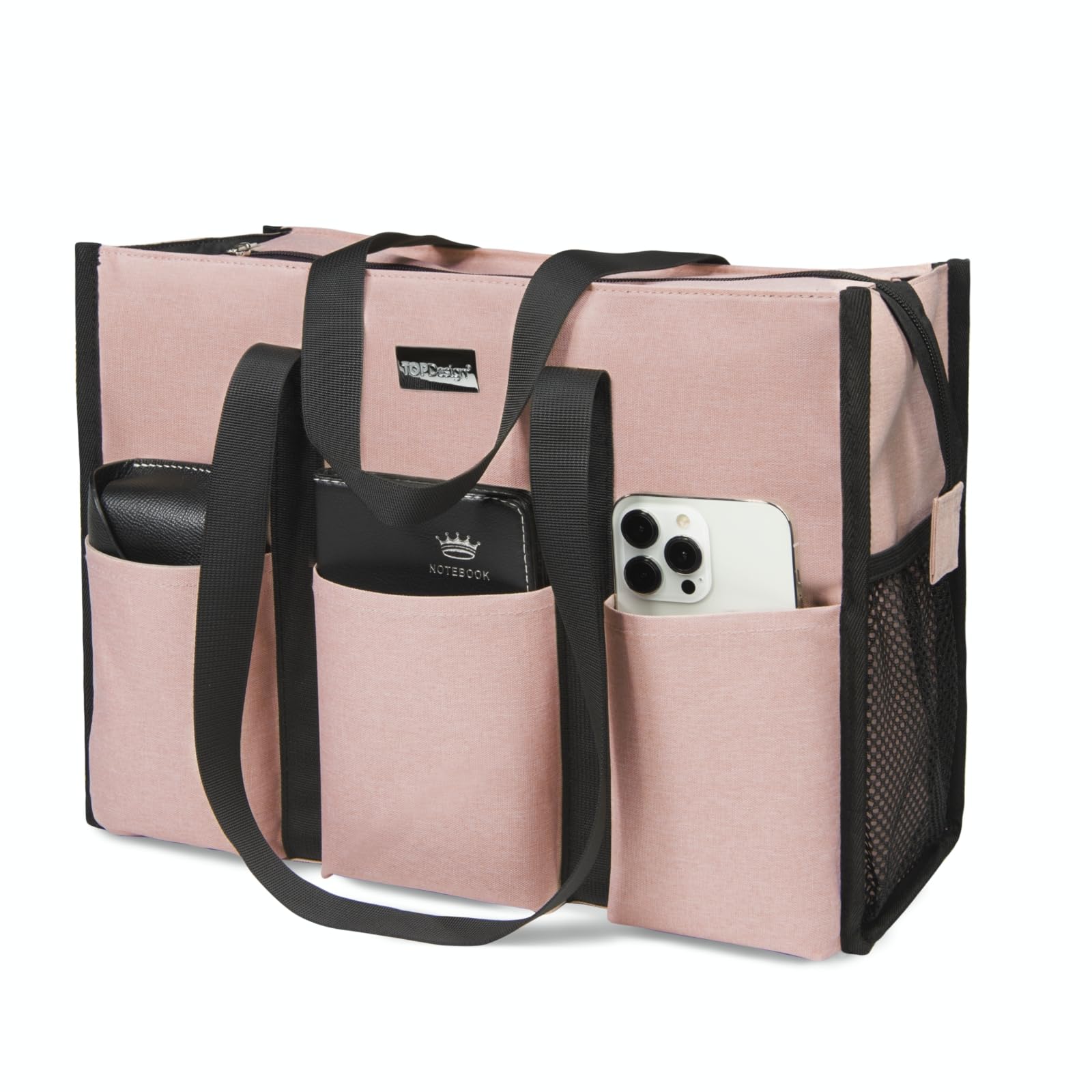TOPDesign Utility Water Resistant Tote Bag with 13 Pockets, Top Zipper Closure & Thick Bottom Support, for Working Women Medium Pink