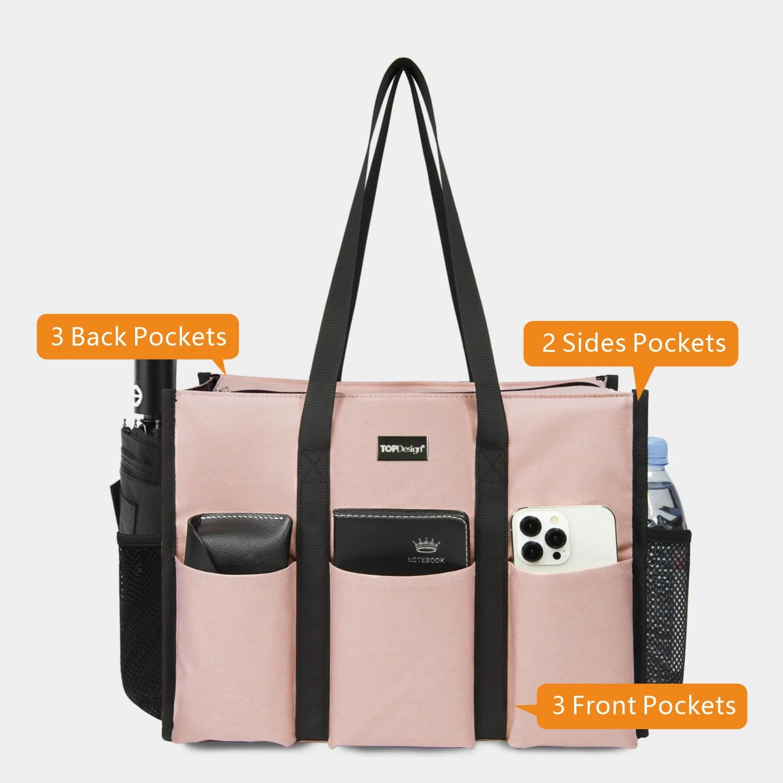 TOPDesign Utility Water Resistant Tote Bag with 13 Pockets, Top Zipper Closure & Thick Bottom Support, for Working Women Medium Pink - Image 3