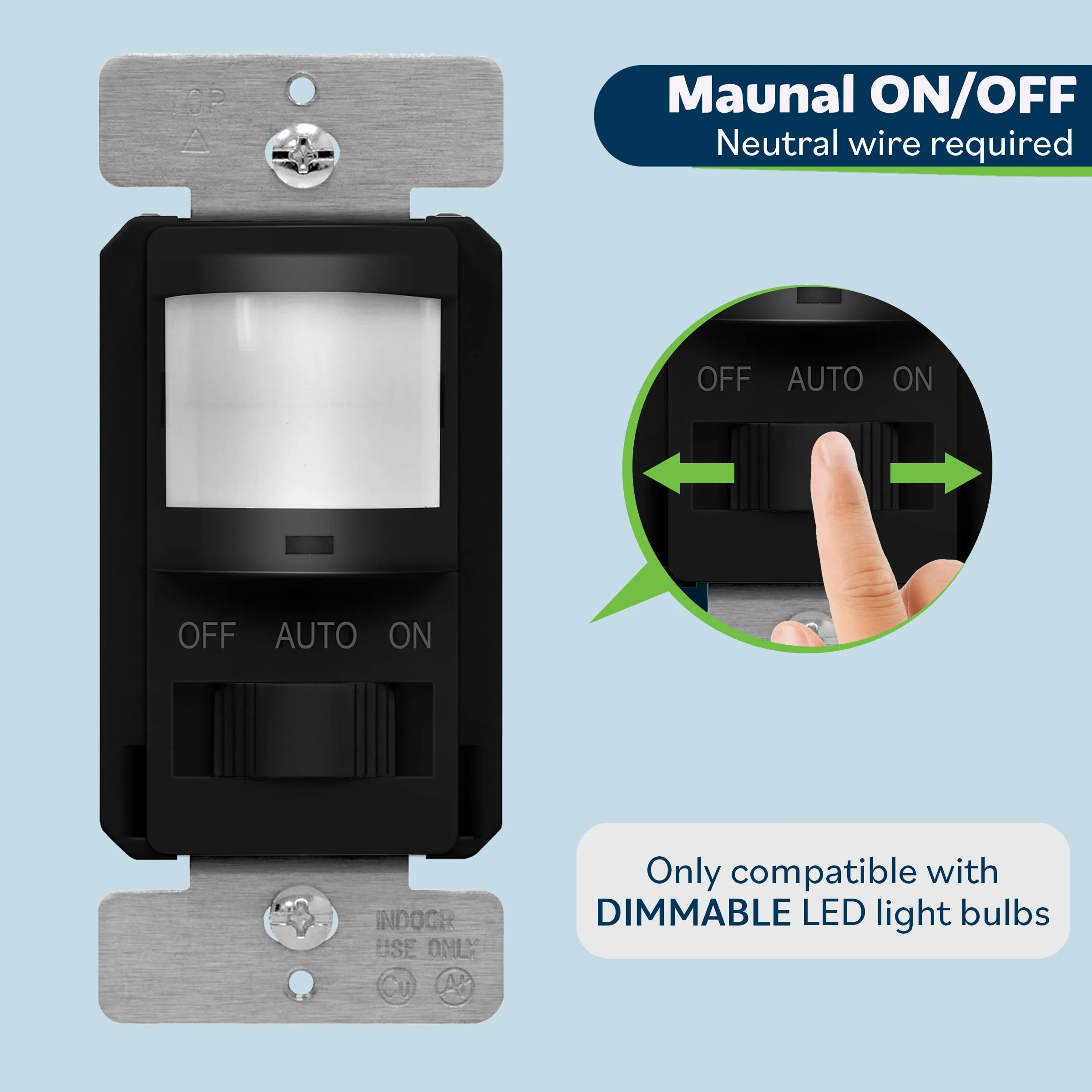 TOPGREENER in Wall PIR Motion Sensor Light Switch, Occupancy Sensor Switch, 𝐍𝐞𝐮𝐭𝐫𝐚𝐥 𝐖𝐢𝐫𝐞 𝐑𝐞𝐪𝐮𝐢𝐫𝐞𝐝, On/Off Override, 𝐒𝐢𝐧𝐠𝐥𝐞 𝐏𝐨𝐥𝐞, 4A, 500W, TSOS5-BKWP,Black,2 Pack Black 2 Pack - Image 3