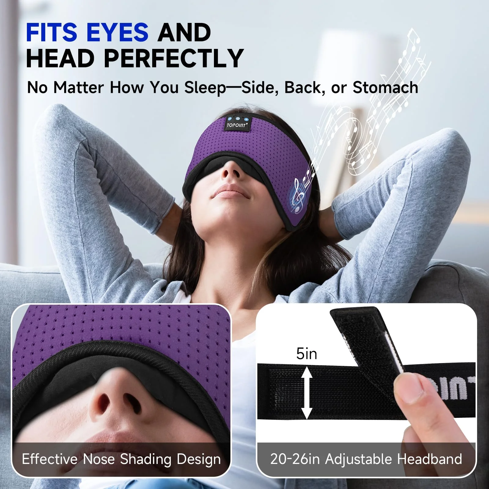 TOPOINT Sleep Mask Headphones Bluetooth Wireless 5.4, Breathable Cotton Eye Mask for Sleeping Side Sleepers Travel Music Headsets with Microphone Handsfree Men Women Deep Purple - Image 3