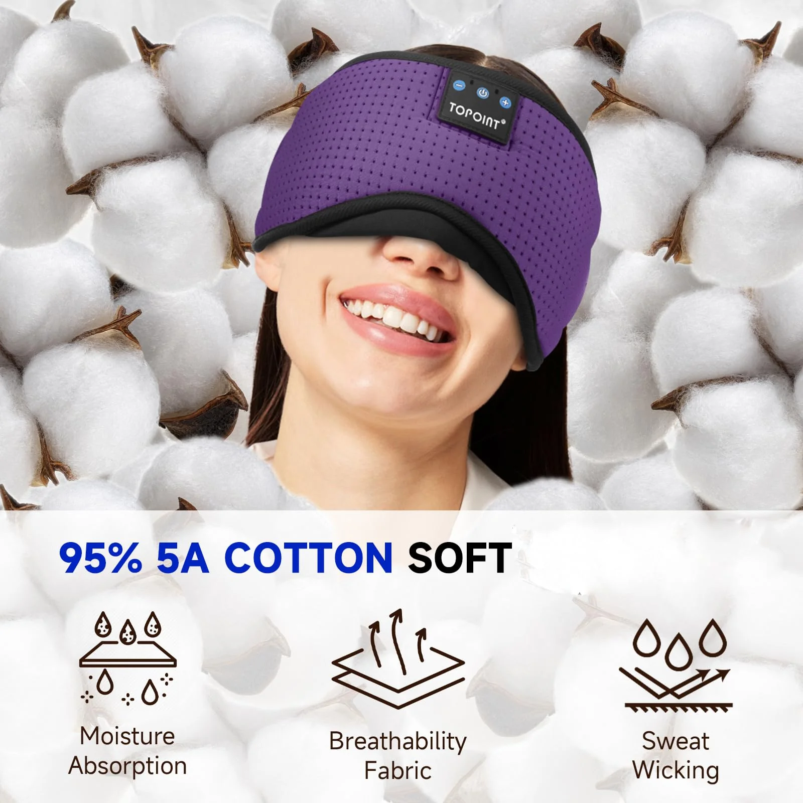 TOPOINT Sleep Mask Headphones Bluetooth Wireless 5.4, Breathable Cotton Eye Mask for Sleeping Side Sleepers Travel Music Headsets with Microphone Handsfree Men Women Deep Purple - Image 4