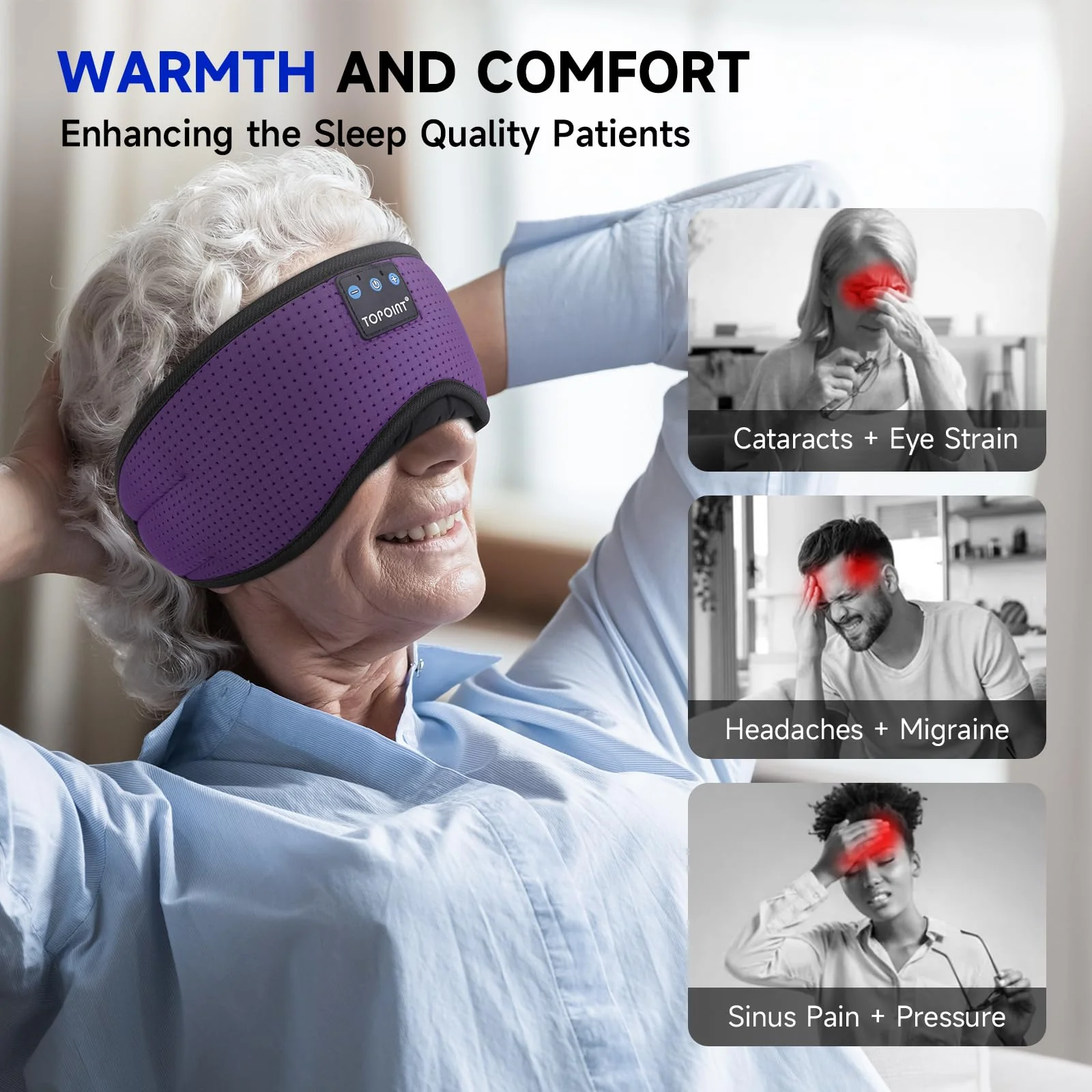 TOPOINT Sleep Mask Headphones Bluetooth Wireless 5.4, Breathable Cotton Eye Mask for Sleeping Side Sleepers Travel Music Headsets with Microphone Handsfree Men Women Deep Purple - Image 7