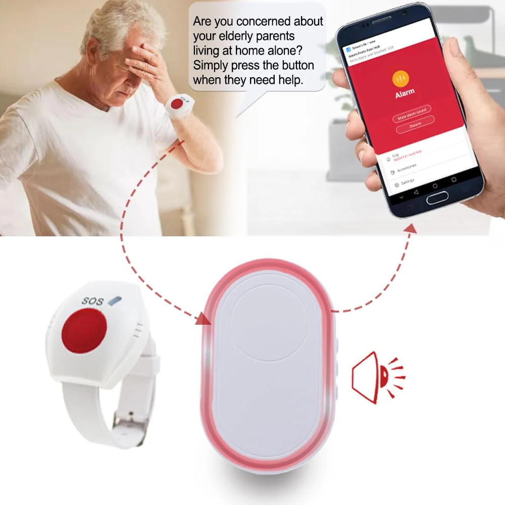 Topvico WiFi Caregiver Pager Call Button for Elderly, Senior Fall Alert Devices, Wireless Nurse Help SOS Panic Bracelet , Tuya Smart APP, Remote Patients Call System for Home, 5 Levels Volume 1 Button A + 1 Watch + 1 Receiver - Image 2