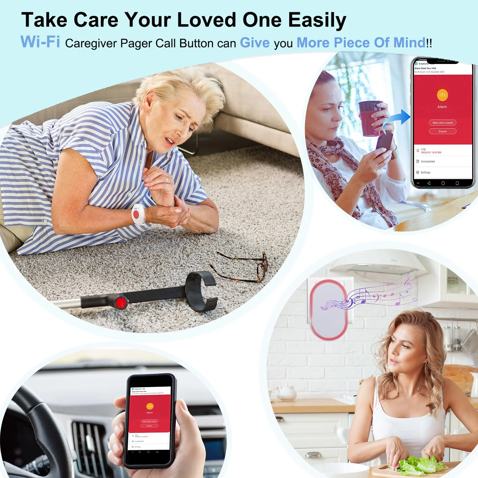 Topvico WiFi Caregiver Pager Call Button for Elderly, Senior Fall Alert Devices, Wireless Nurse Help SOS Panic Bracelet , Tuya Smart APP, Remote Patients Call System for Home, 5 Levels Volume 1 Button A + 1 Watch + 1 Receiver - Image 4