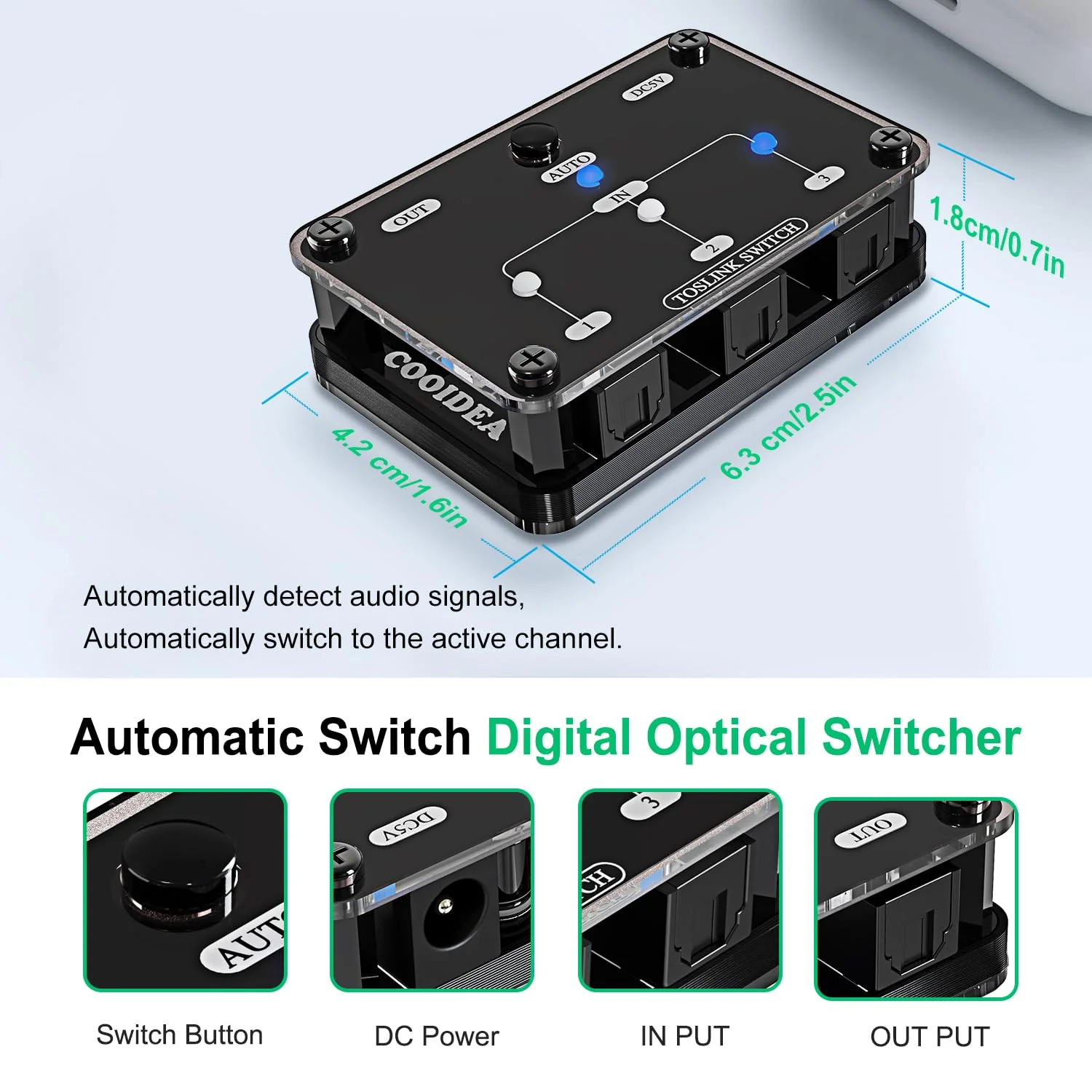 Toslink Automatic Switch Digital Optical Switcher 3 in 1 Out with Remote Control Supports 192k/24Bit PCM2.0 DTS Dolby-AC3 Compatible with HDTV/Xbox/Blu-Ray Player/PS - Image 2
