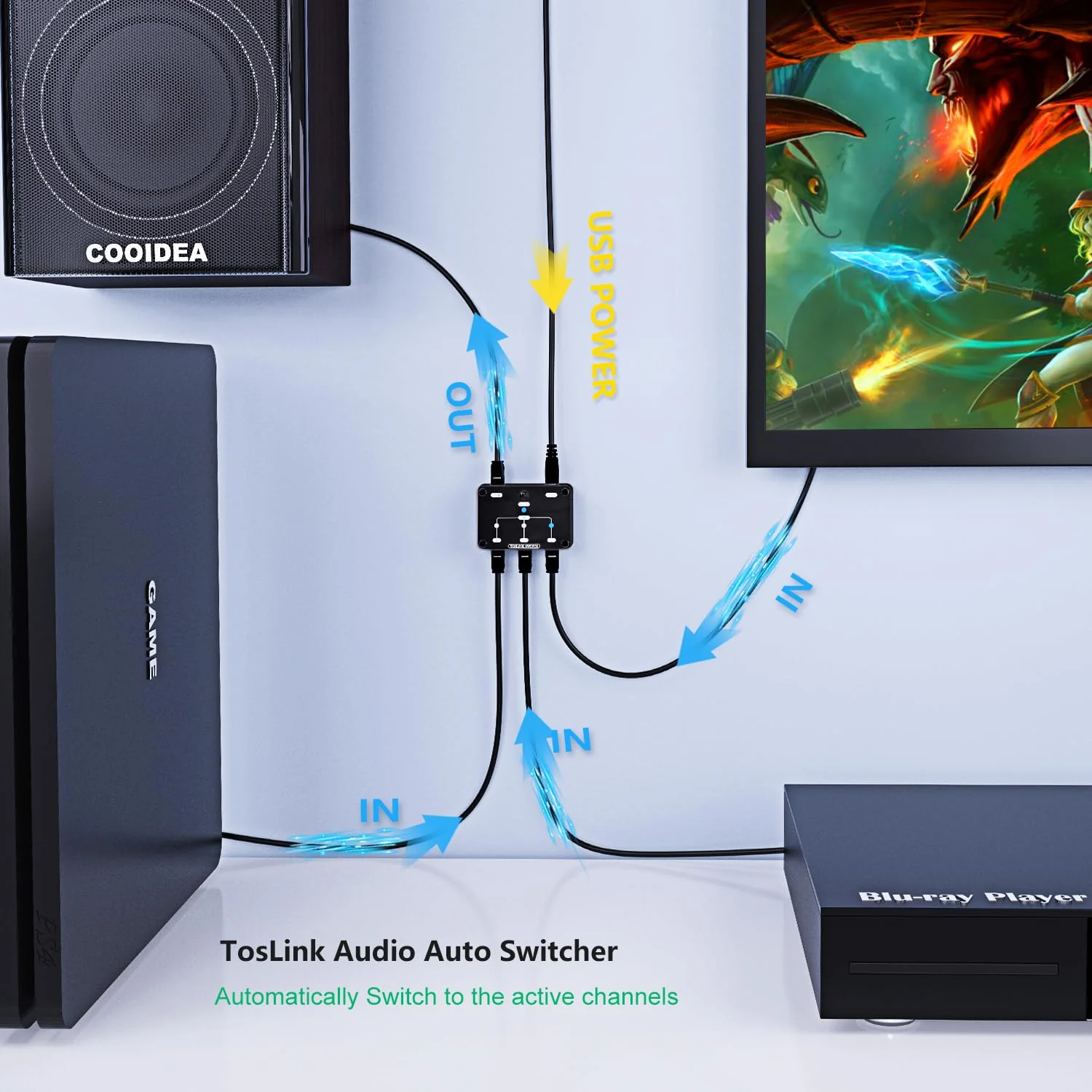 Toslink Automatic Switch Digital Optical Switcher 3 in 1 Out with Remote Control Supports 192k/24Bit PCM2.0 DTS Dolby-AC3 Compatible with HDTV/Xbox/Blu-Ray Player/PS - Image 6