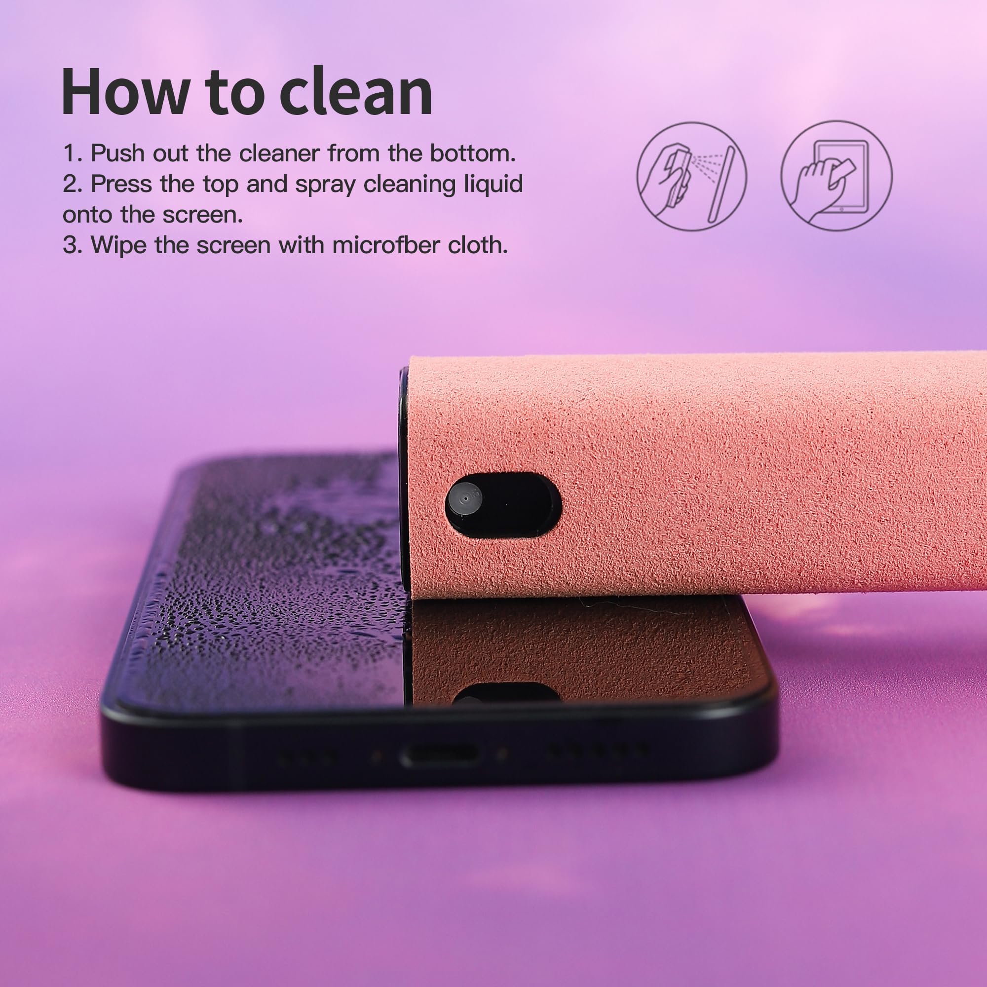 Touchscreen Screen Cleaner Kit 2 Pcs, Phone, Tablet and Car Screen Cleaner, Two in One Spray and Microfiber Cloth(2 Pack Pink) 2 Pcs Pink - Image 5