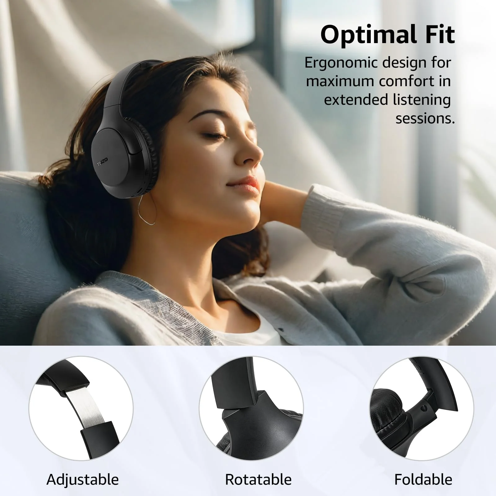 TOZO Bluetooth 5.4 Over Ear Headphones, ENC Call Noise Cancelling Mic, Foldable Wireless Headset, 70H Playback, Deep Bass Stereo Sound, Customizable EQ via Button & App, for Travel and Home, Upgraded Black - Image 5