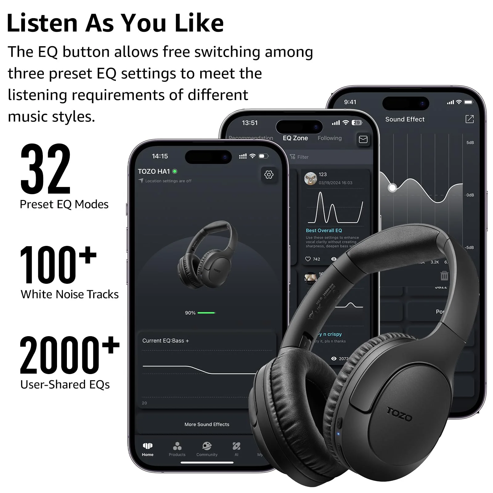 TOZO Bluetooth 5.4 Over Ear Headphones, ENC Call Noise Cancelling Mic, Foldable Wireless Headset, 70H Playback, Deep Bass Stereo Sound, Customizable EQ via Button & App, for Travel and Home, Upgraded Black - Image 8