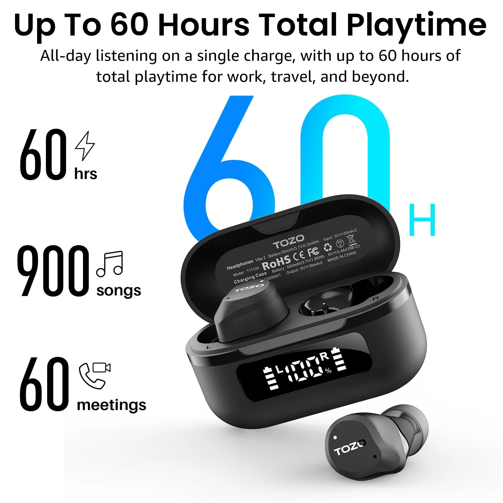 TOZO NC9 Hybrid Active Noise Cancelling Wireless Earbuds, 6 Mics ENC Clear Call, IPX8 Waterproof, in Ear Bluetooth 5.3 Headphones Stereo Bass Ear Buds 60H Playtime with LED Display 32 EQs via APP Dark Black Small - Image 4