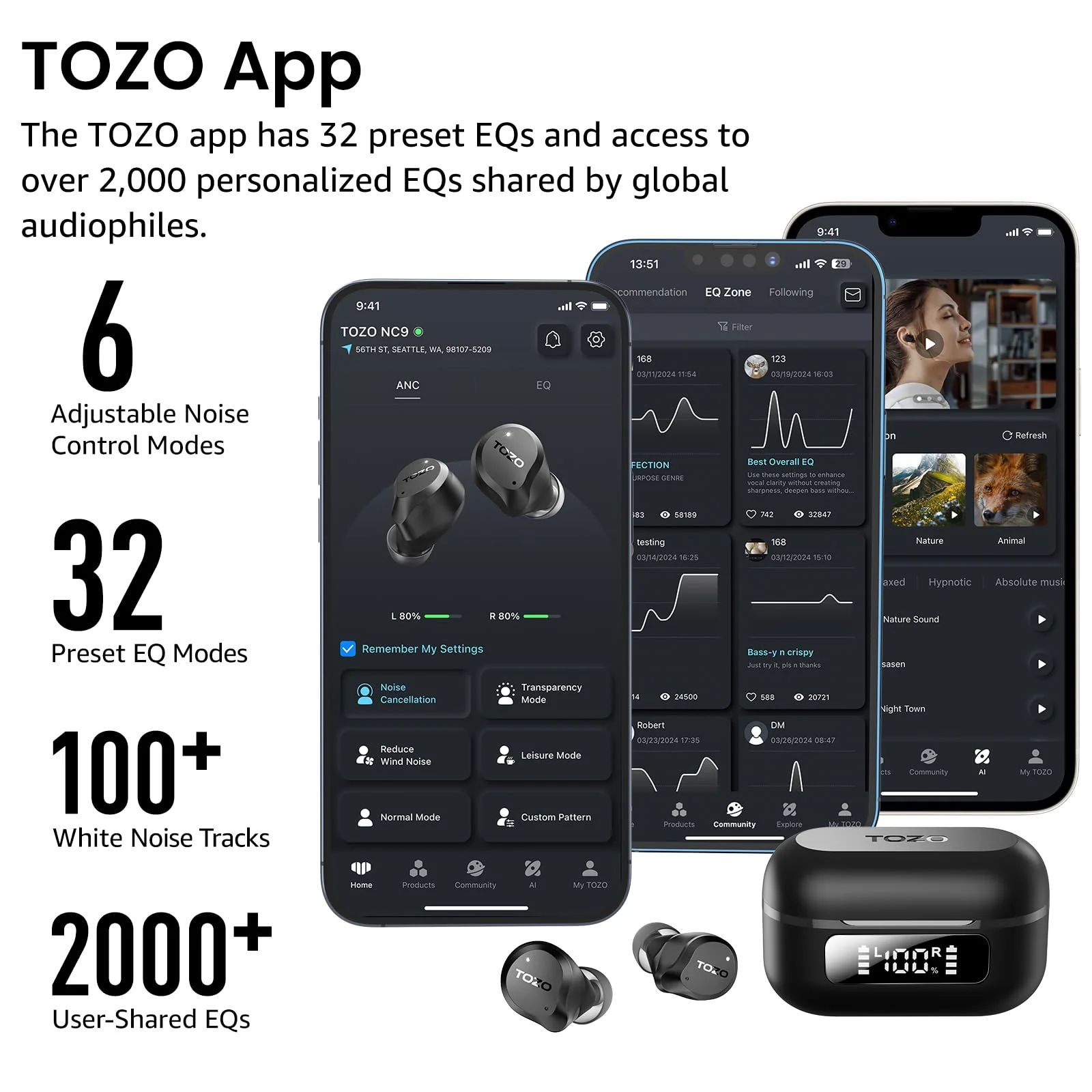 TOZO NC9 Hybrid Active Noise Cancelling Wireless Earbuds, 6 Mics ENC Clear Call, IPX8 Waterproof, in Ear Bluetooth 5.3 Headphones Stereo Bass Ear Buds 60H Playtime with LED Display 32 EQs via APP Dark Black Small - Image 6