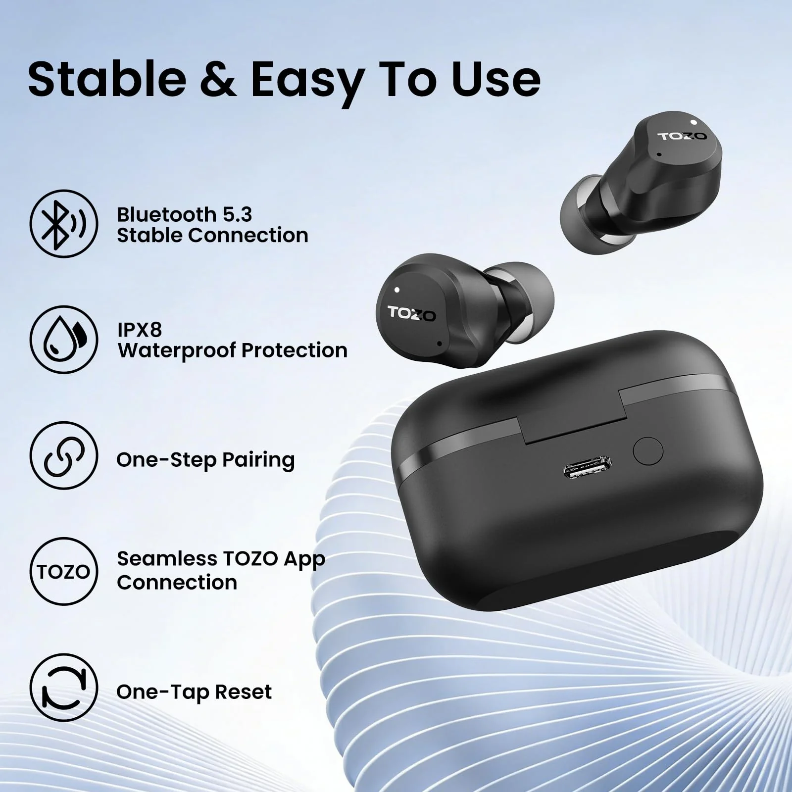 TOZO NC9 Hybrid Active Noise Cancelling Wireless Earbuds, 6 Mics ENC Clear Call, IPX8 Waterproof, in Ear Bluetooth 5.3 Headphones Stereo Bass Ear Buds 60H Playtime with LED Display 32 EQs via APP Dark Black Small - Image 9