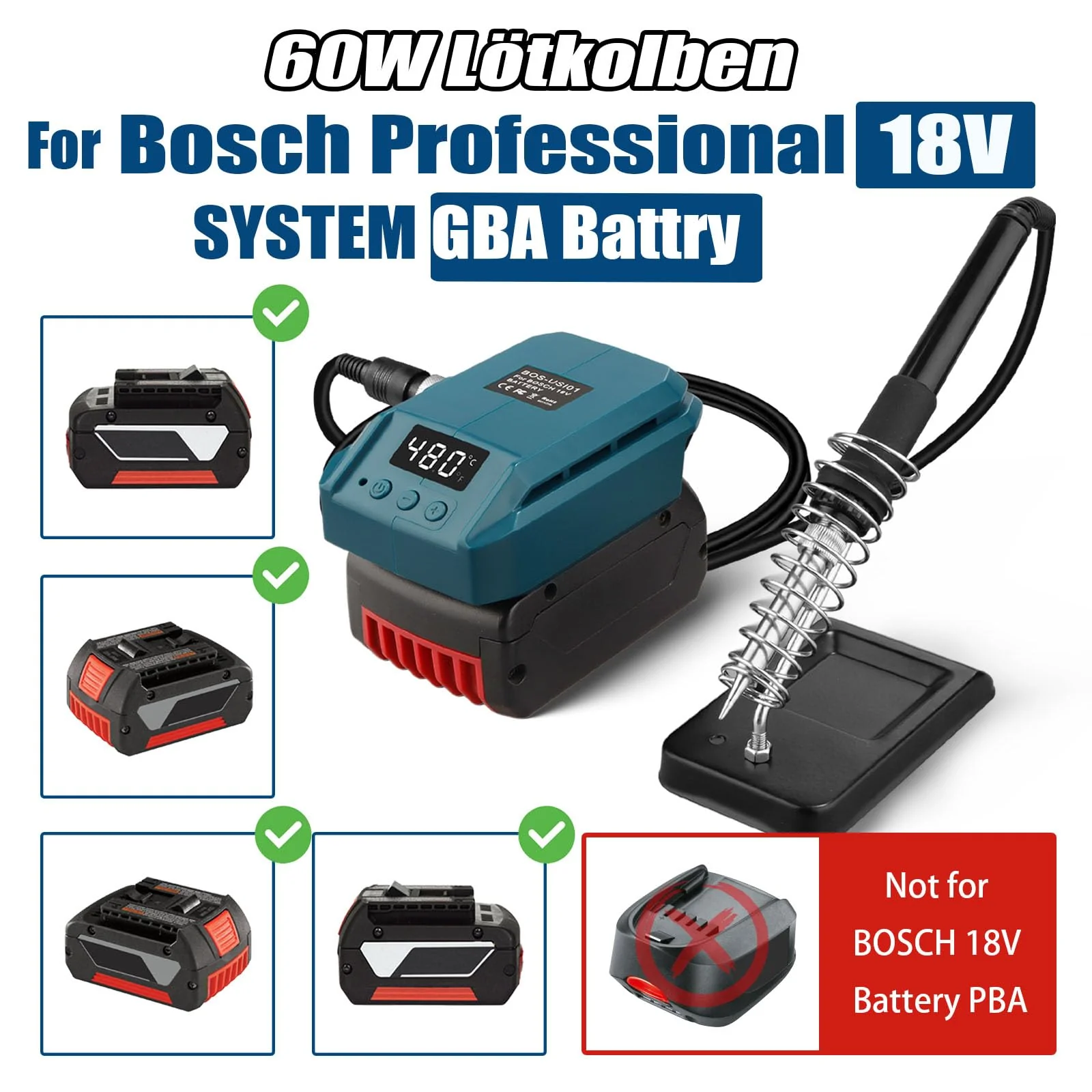 TPDL Battery Soldering Iron for Bosch Professional 18 V System GBA Battery, 60 W Cordless Soldering Iron Adjustable Temperature 51-480 °C with On/Off Switch, 25 g Soldering Wire, Soldering Iron Stand For Bosch Pro BAT battery - Image 4
