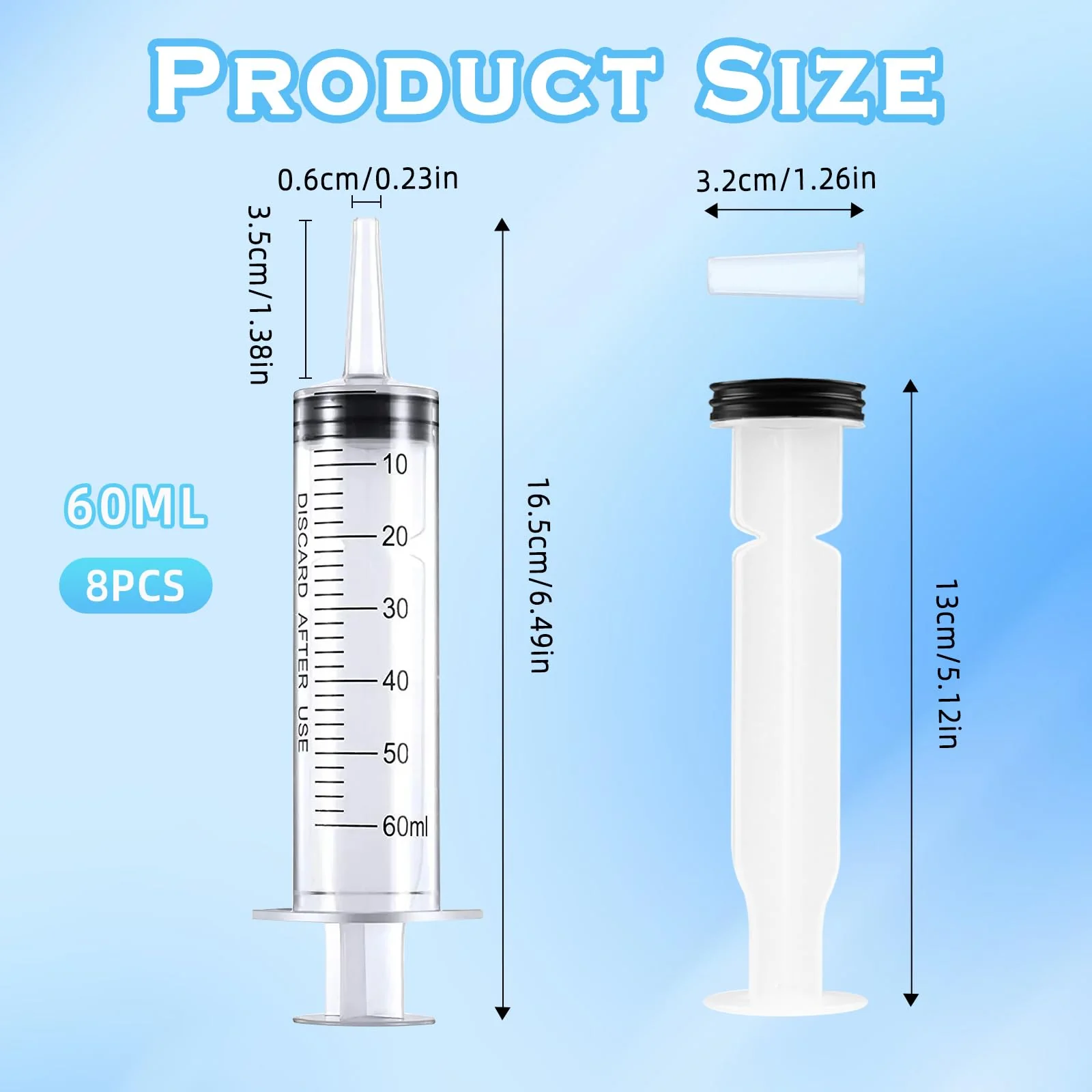 TPTGIAR Pack of 8 60 ml Large Syringes, Plastic Syringes, Individually Packed, Dosing Syringe with Cap, Reusable Syrings for Scientific Laboratories, Measurement, Dispensing, Watering, Refill - Image 2