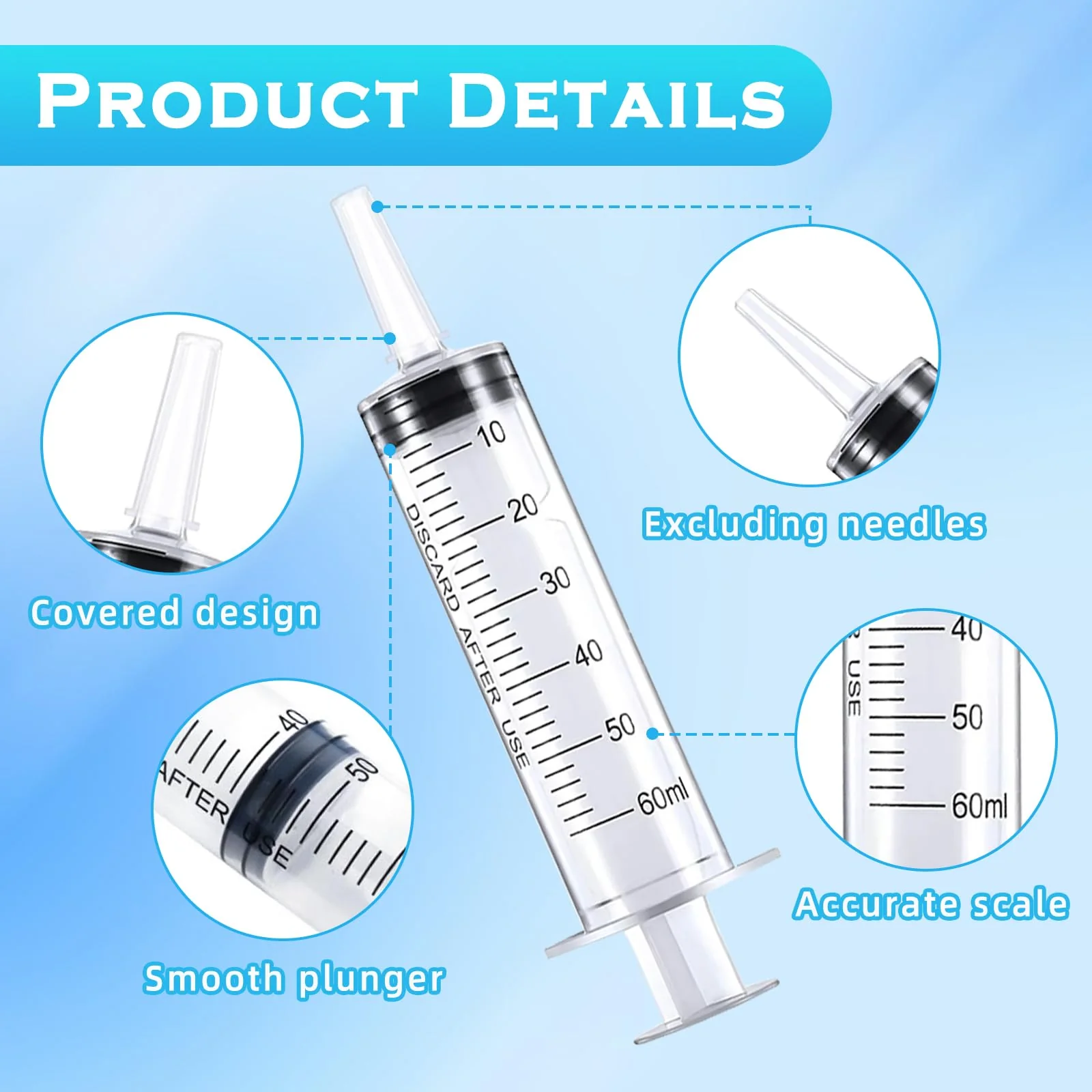 TPTGIAR Pack of 8 60 ml Large Syringes, Plastic Syringes, Individually Packed, Dosing Syringe with Cap, Reusable Syrings for Scientific Laboratories, Measurement, Dispensing, Watering, Refill - Image 4