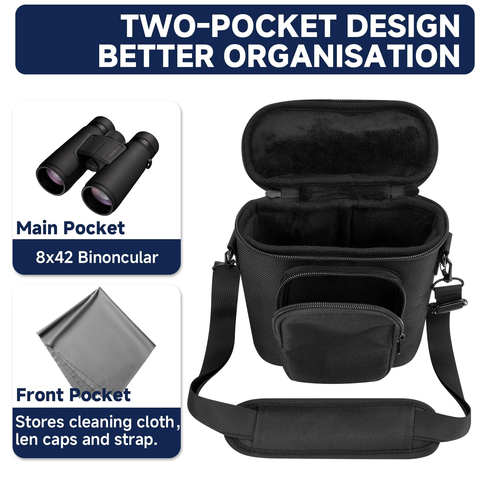 Travel Protective Case for NIKON Monarch M5 M7 8x42 Binocular, Durable Fabric Storage Bag with Shoulder Strap Compatible with Nikon PROSTAFF P3 8x42 10x42 Binocular, Black (Case Only) - Image 4
