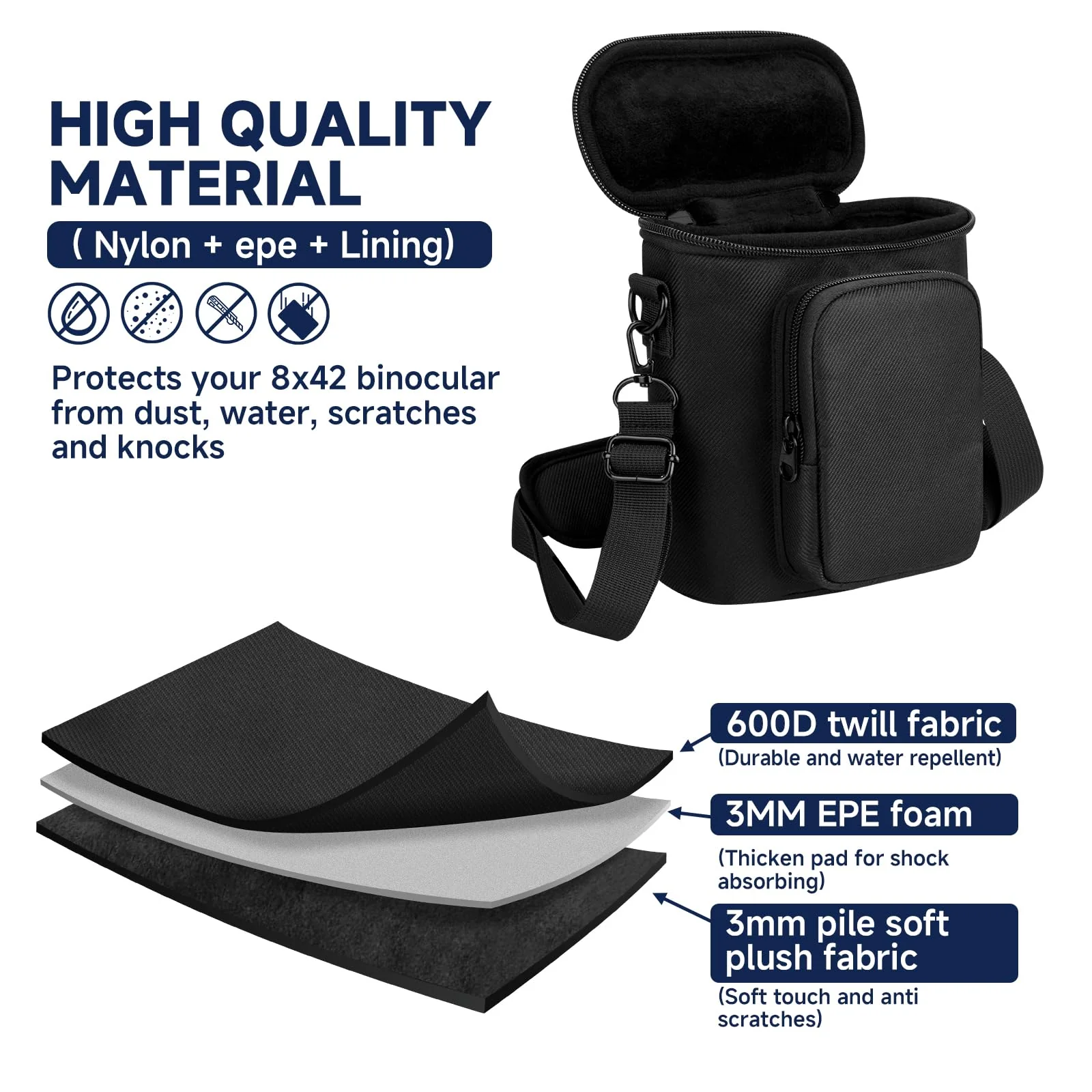 Travel Protective Case for NIKON Monarch M5 M7 8x42 Binocular, Durable Fabric Storage Bag with Shoulder Strap Compatible with Nikon PROSTAFF P3 8x42 10x42 Binocular, Black (Case Only) - Image 5