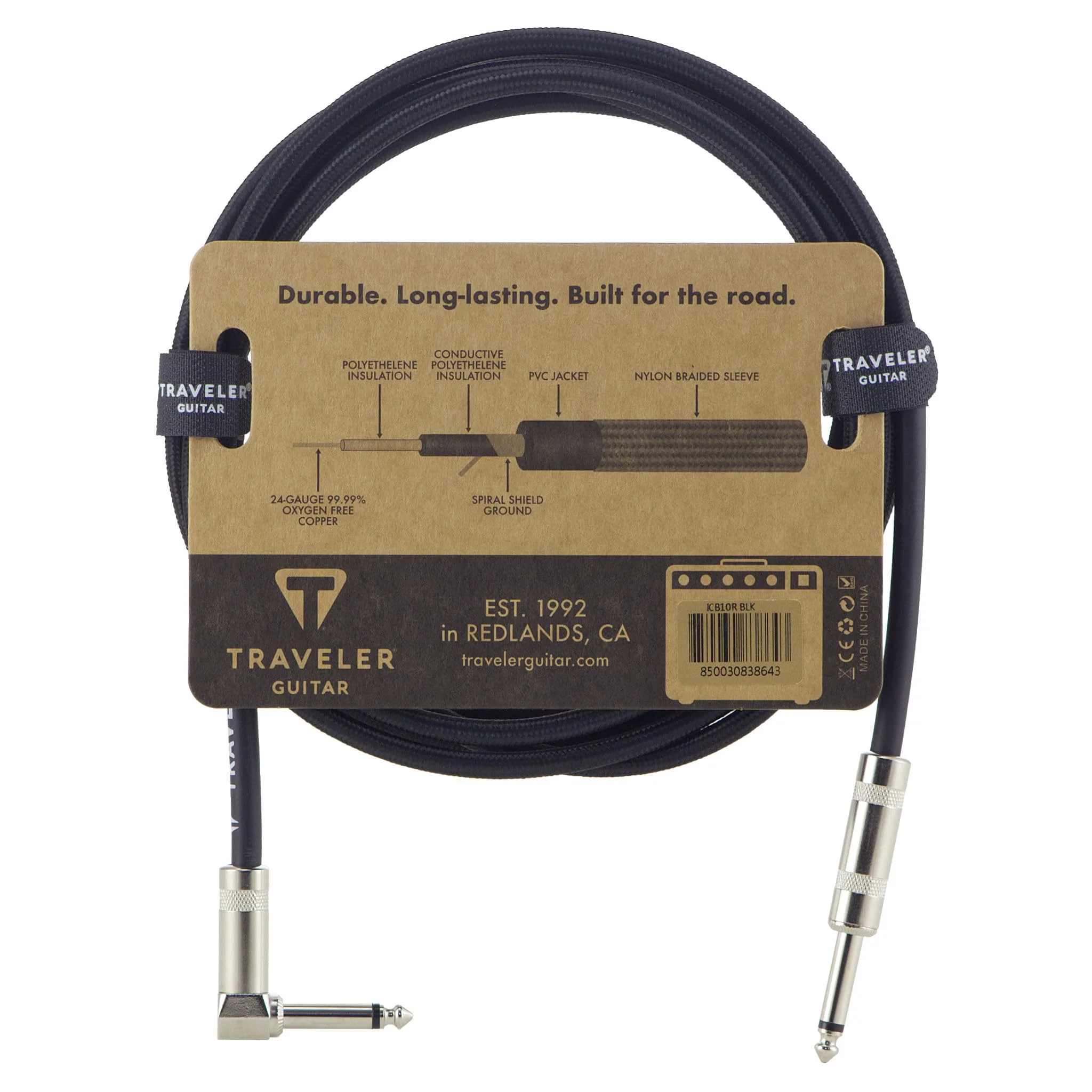 Traveler Guitar 10ft. Instrument Cable, Braided, Straight/Angled - Black - Image 2