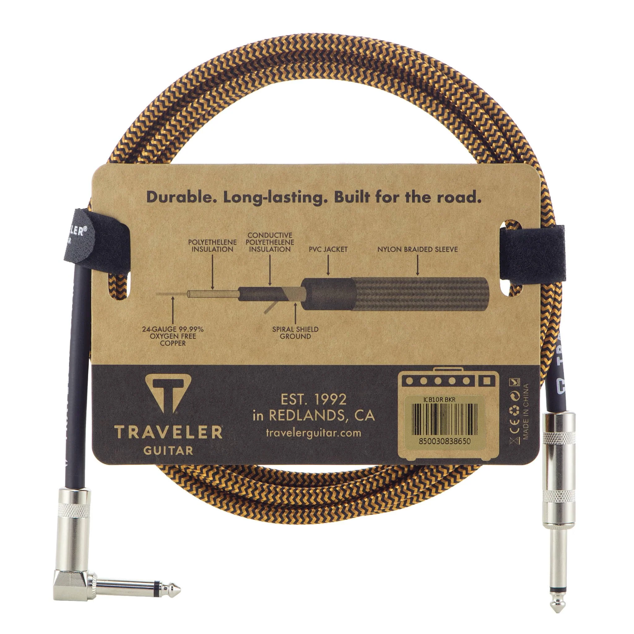 Traveler Guitar 10ft. Instrument Cable, Braided, Straight/Angled - Black/Rust Black / Rust - Image 2