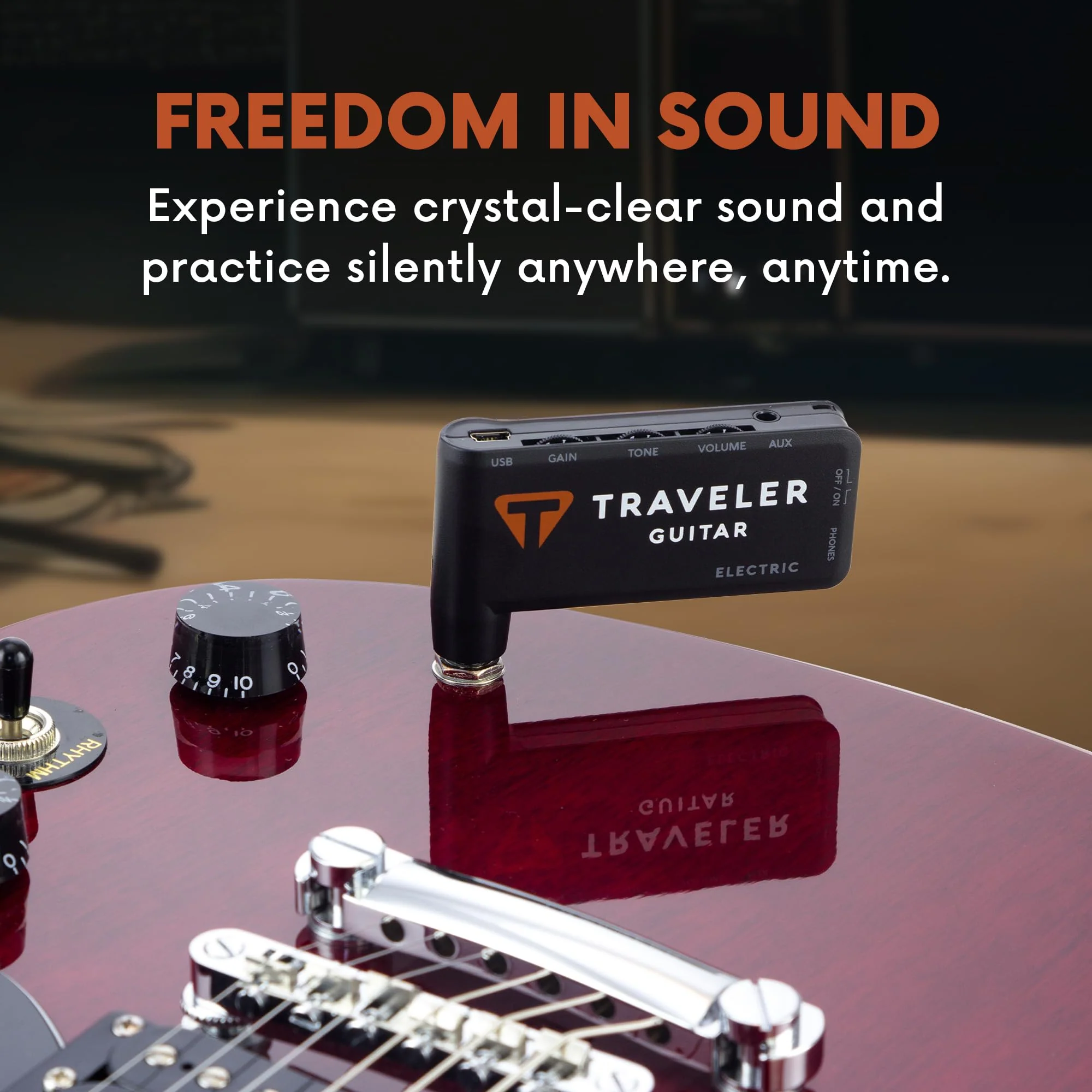 Traveler Guitar TGA-1E Electric Guitar Headphone Amplifier | Guitar Headphone Amp with 1/8" Headphone Jack and 1/8" Aux-in for Backing Tracks | Portable Guitar Amp with Gain, Tone and Volume Controls - Image 2
