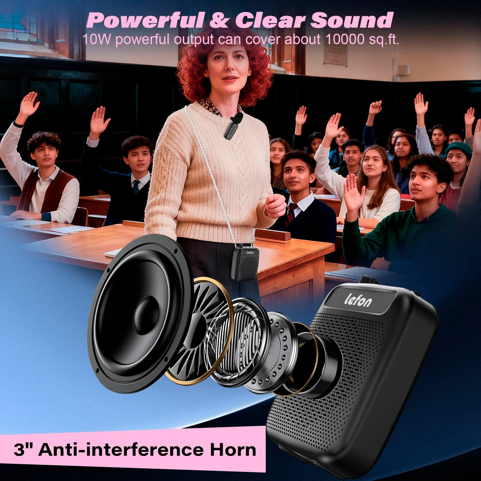 TRELC Wireless Voice Amplifier with Lavalier Microphone, Portable Rechargeable Clip On Megaphone Speaker Wireless Lapel Mic for Teachers, Noise Reduction/10W/2000mA, for Tour Guide, Outdoor (Black) Black - Image 4