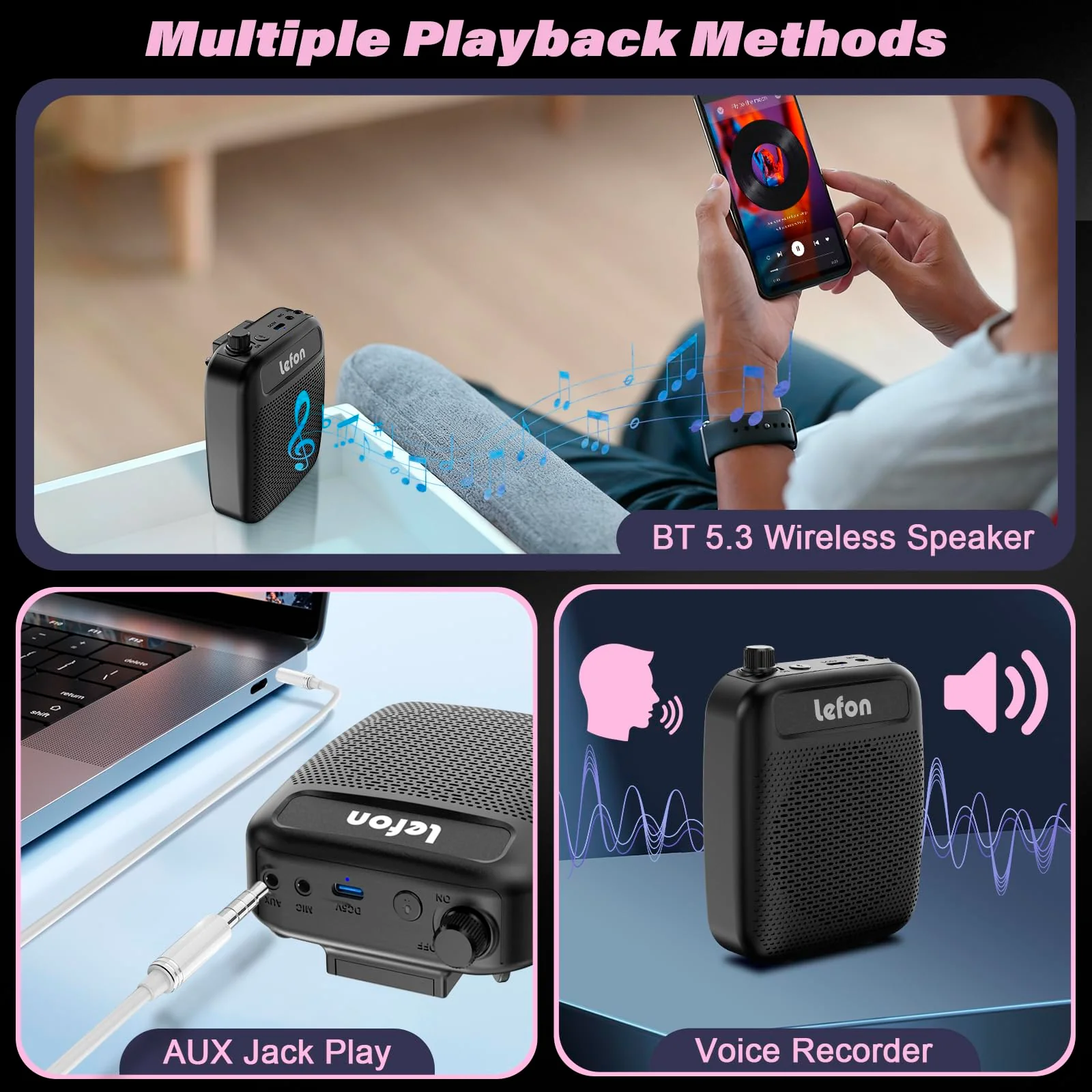 TRELC Wireless Voice Amplifier with Lavalier Microphone, Portable Rechargeable Clip On Megaphone Speaker Wireless Lapel Mic for Teachers, Noise Reduction/10W/2000mA, for Tour Guide, Outdoor (Black) Black - Image 6