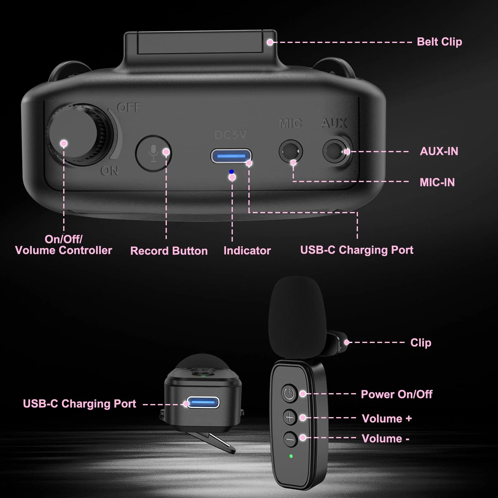 TRELC Wireless Voice Amplifier with Lavalier Microphone, Portable Rechargeable Clip On Megaphone Speaker Wireless Lapel Mic for Teachers, Noise Reduction/10W/2000mA, for Tour Guide, Outdoor (Black) Black - Image 7